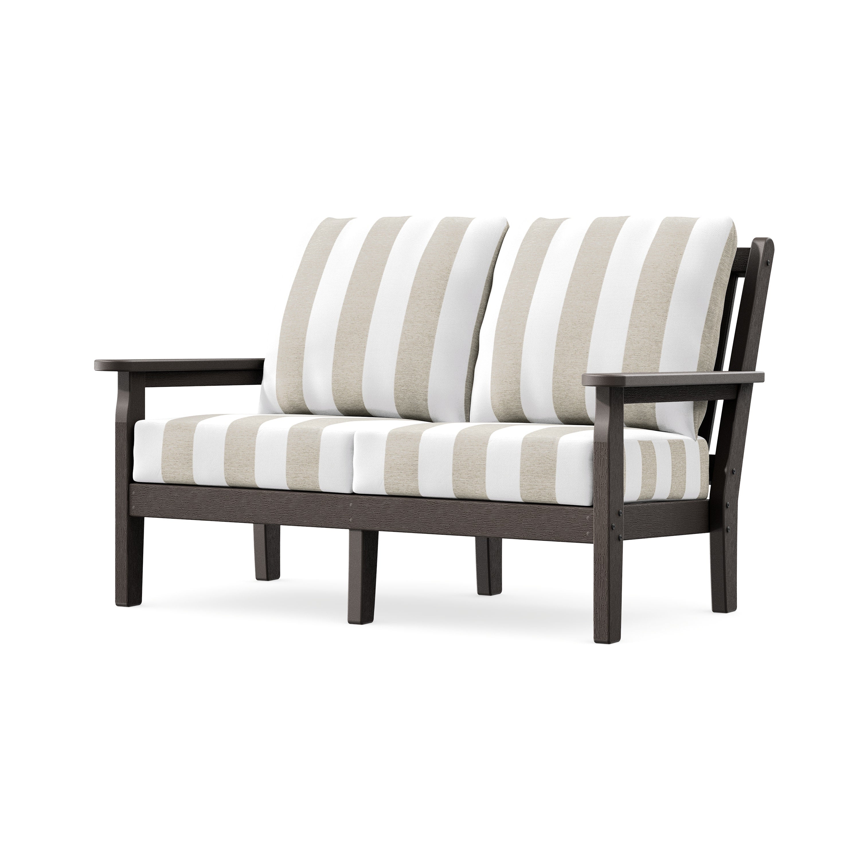 Chippendale Deep Seating Loveseat in Vintage Coffee / Cabana Stripe Dune Burlap