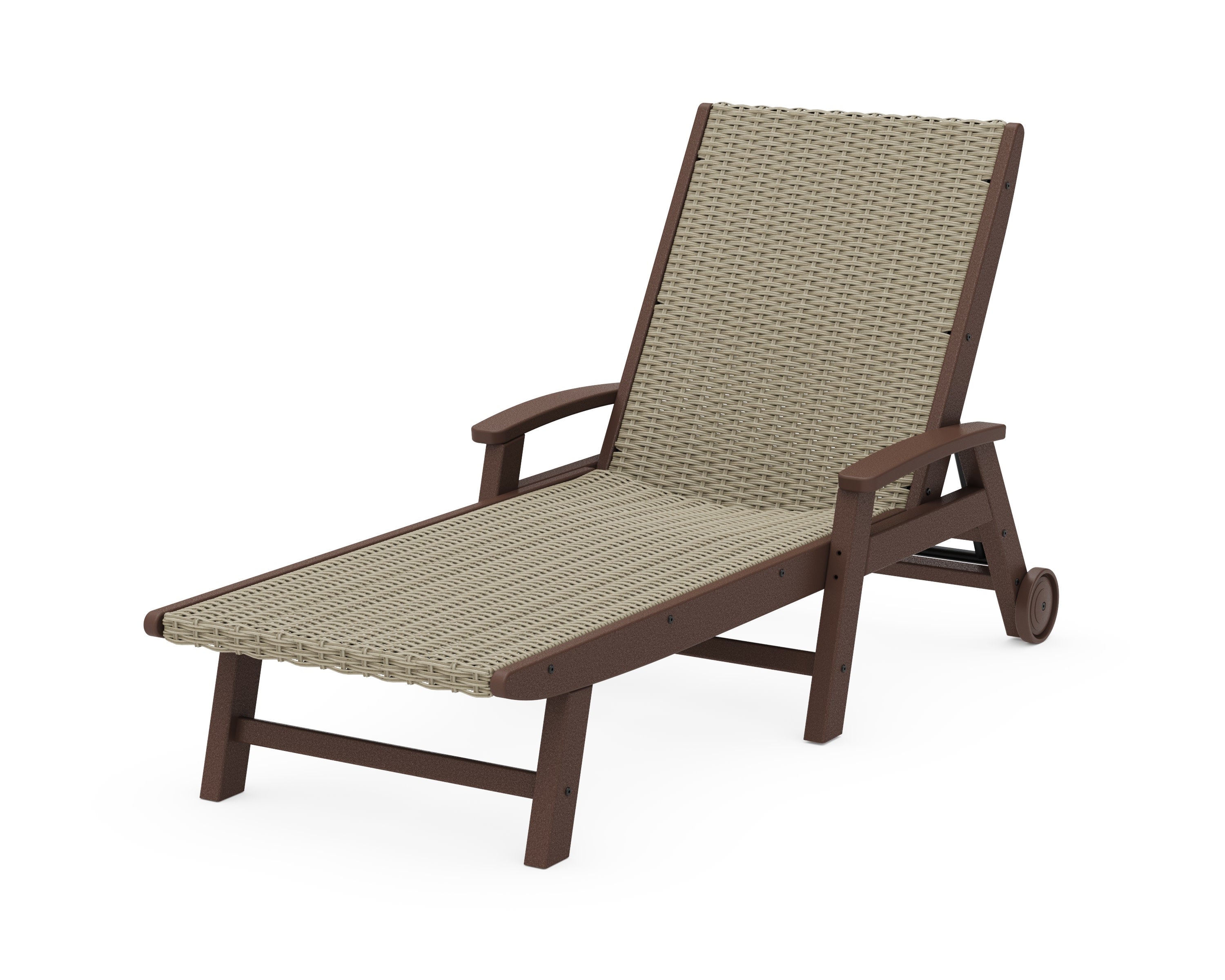 Coastal Woven Chaise with Arms and Wheels in Mahogany / Dune Grass