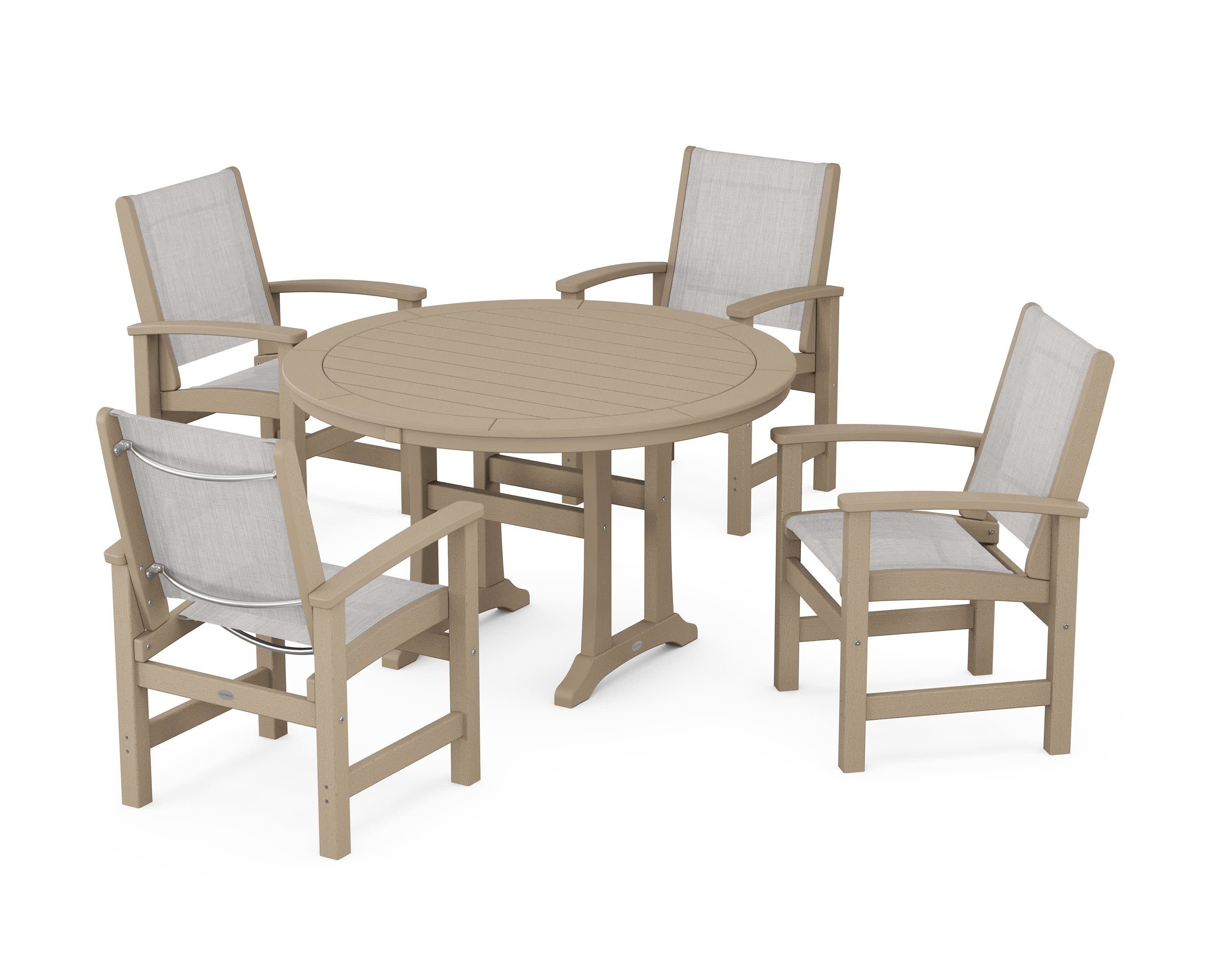 Coastal 5-Piece Round Dining Set with Trestle Legs in Vintage Sahara / Parchment Sling