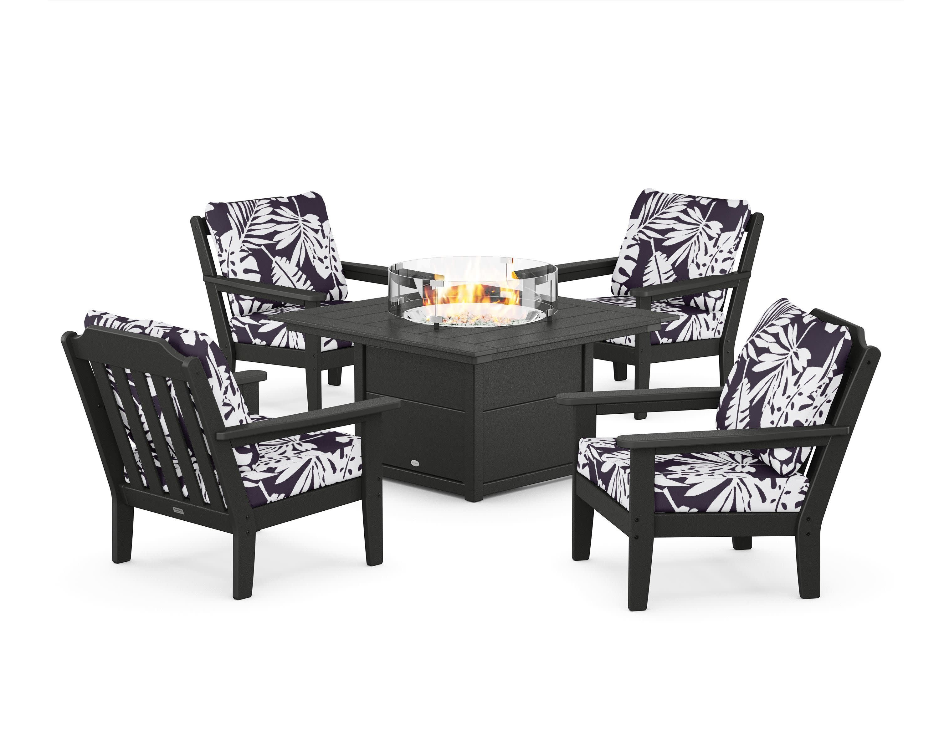 Cottage 5-Piece Deep Seating Set with Fire Pit Table in Black / Leaf Navy
