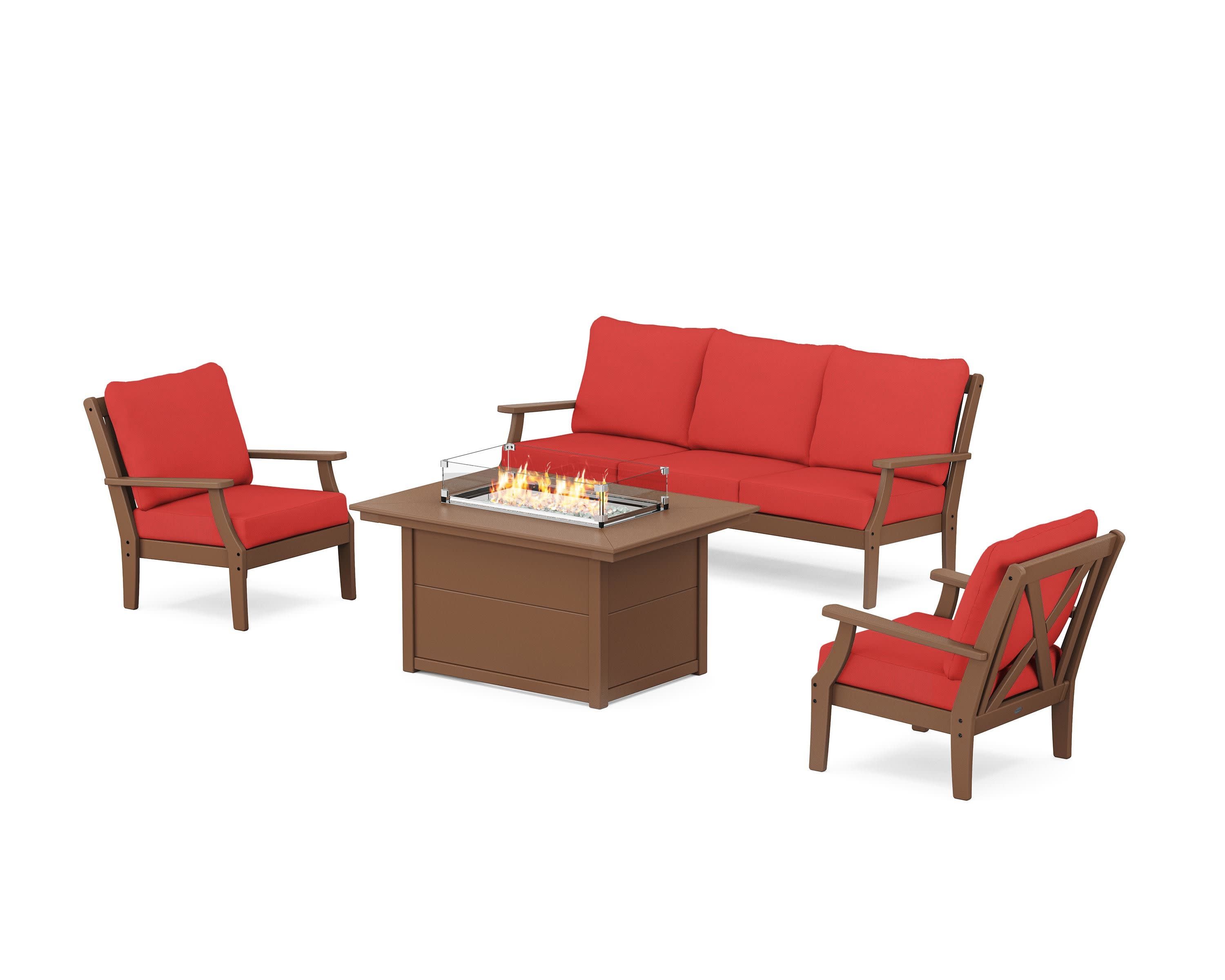 Braxton Deep Seating Fire Pit Table Set in Teak / Crimson Linen