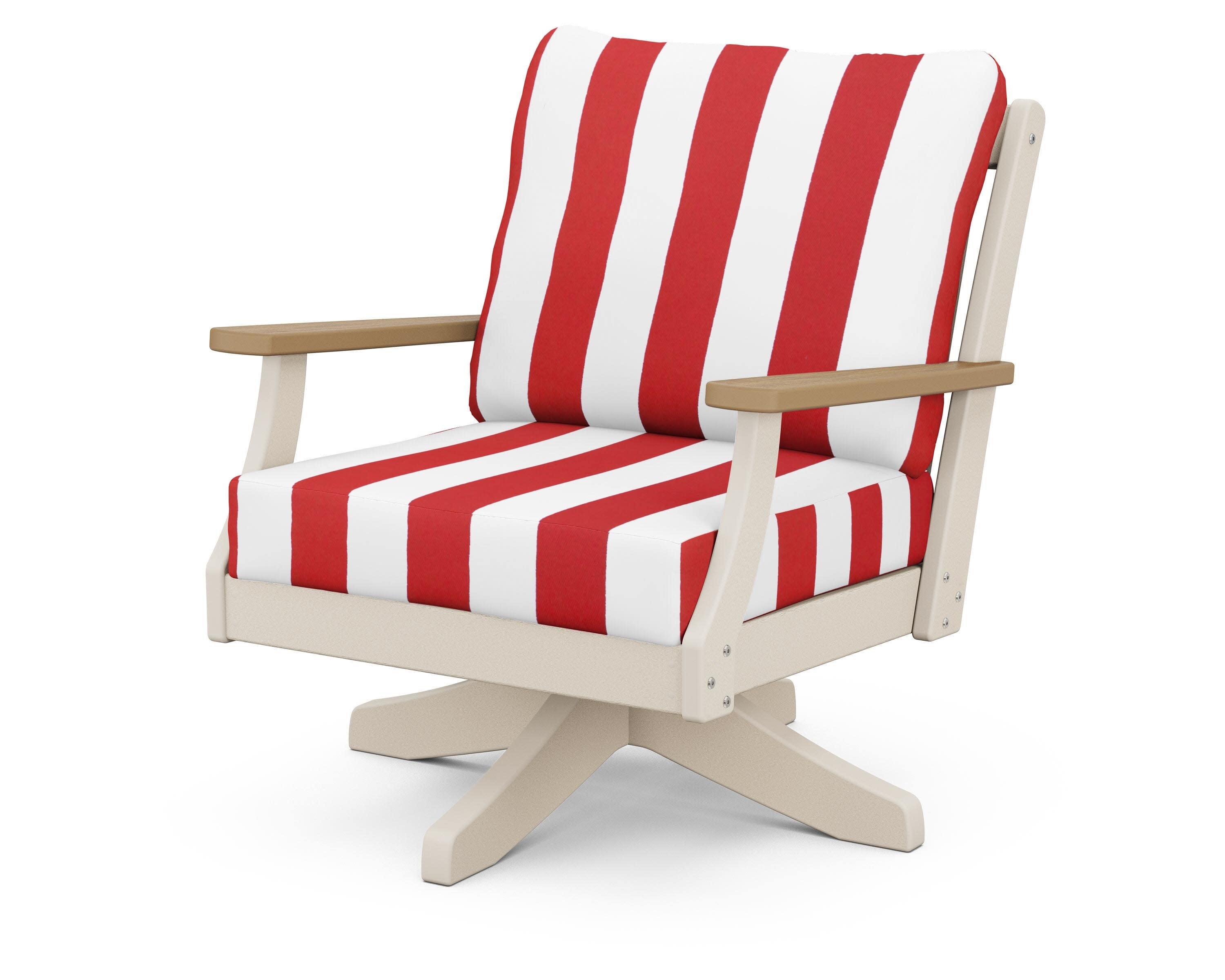 Braxton Deep Seating Swivel Chair in Sand / Natural / Cabana Stripe Crimson