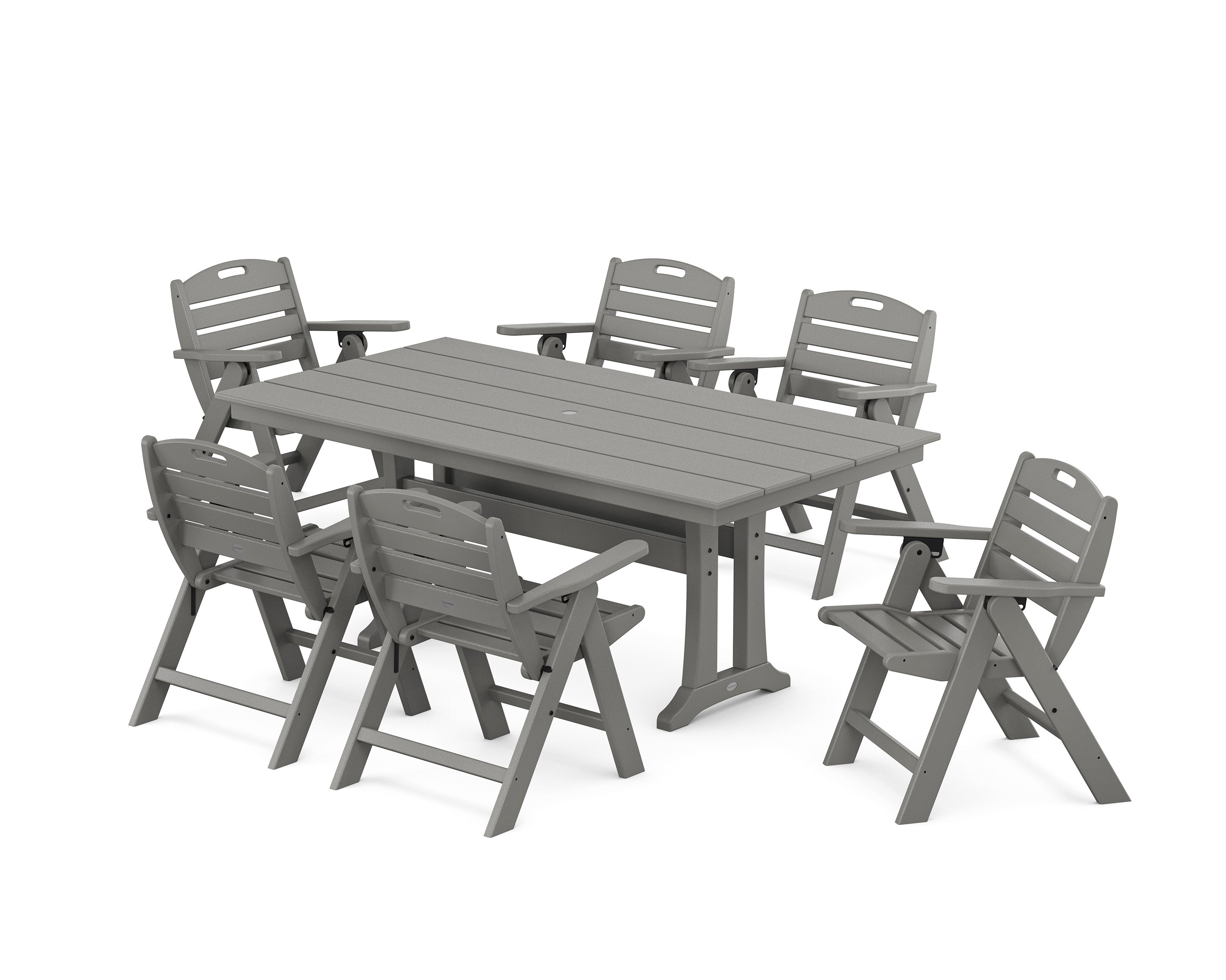Nautical Lowback 7-Piece Farmhouse Dining Set with Trestle Legs in Slate Grey