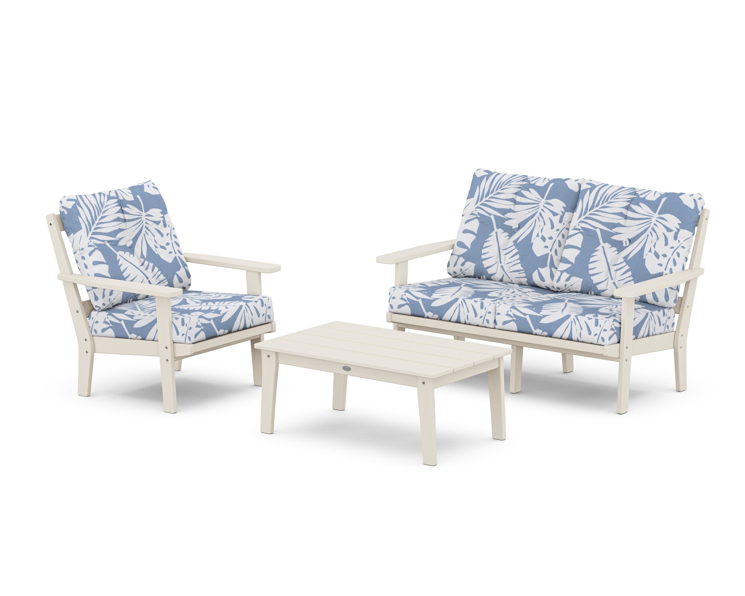 Oxford 3-Piece Deep Seating Set with Loveseat in Sand / Leaf Sky Blue