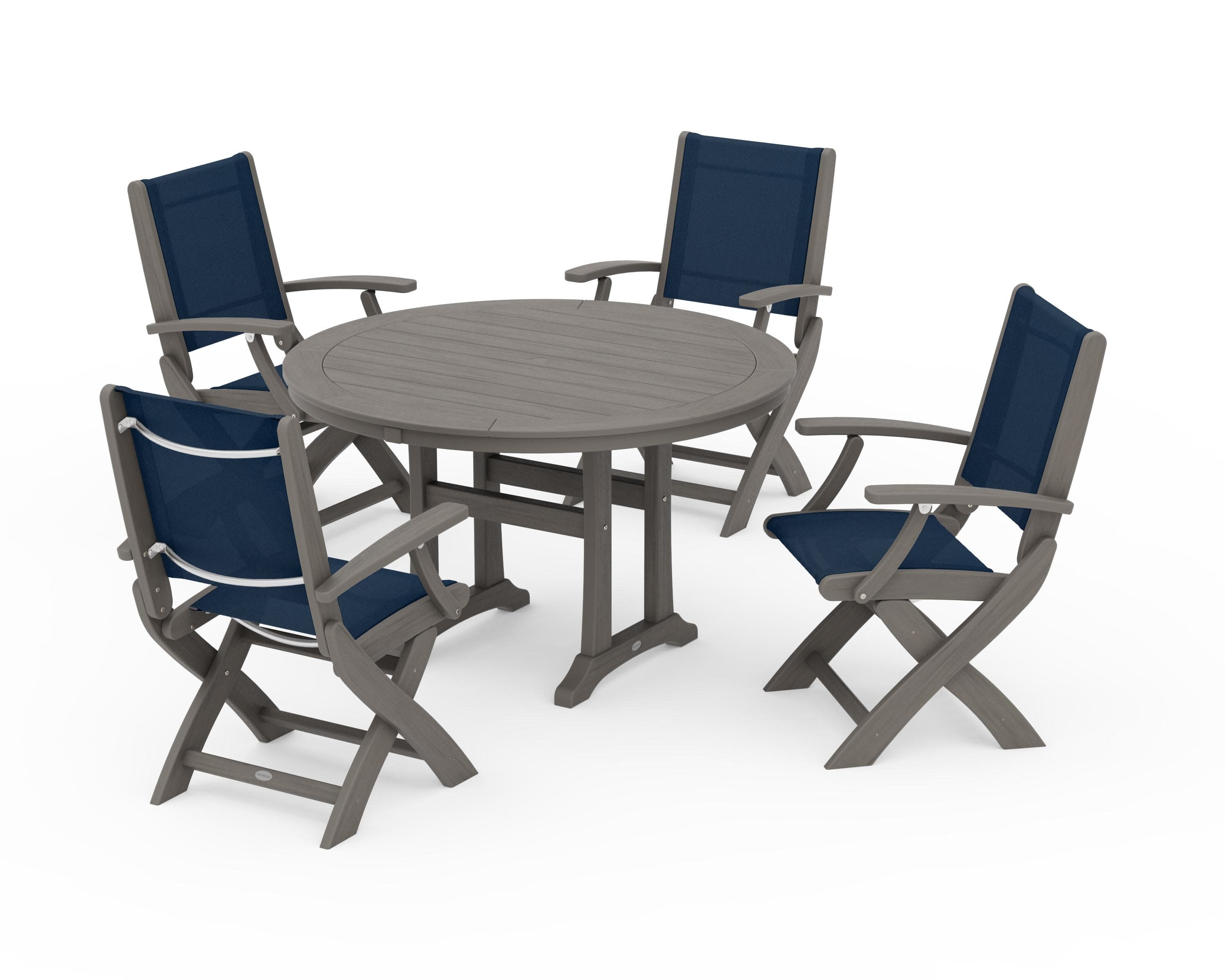 Coastal Folding Chair 5-Piece Round Dining Set with Trestle Legs in Driftwood / Navy Blue Sling