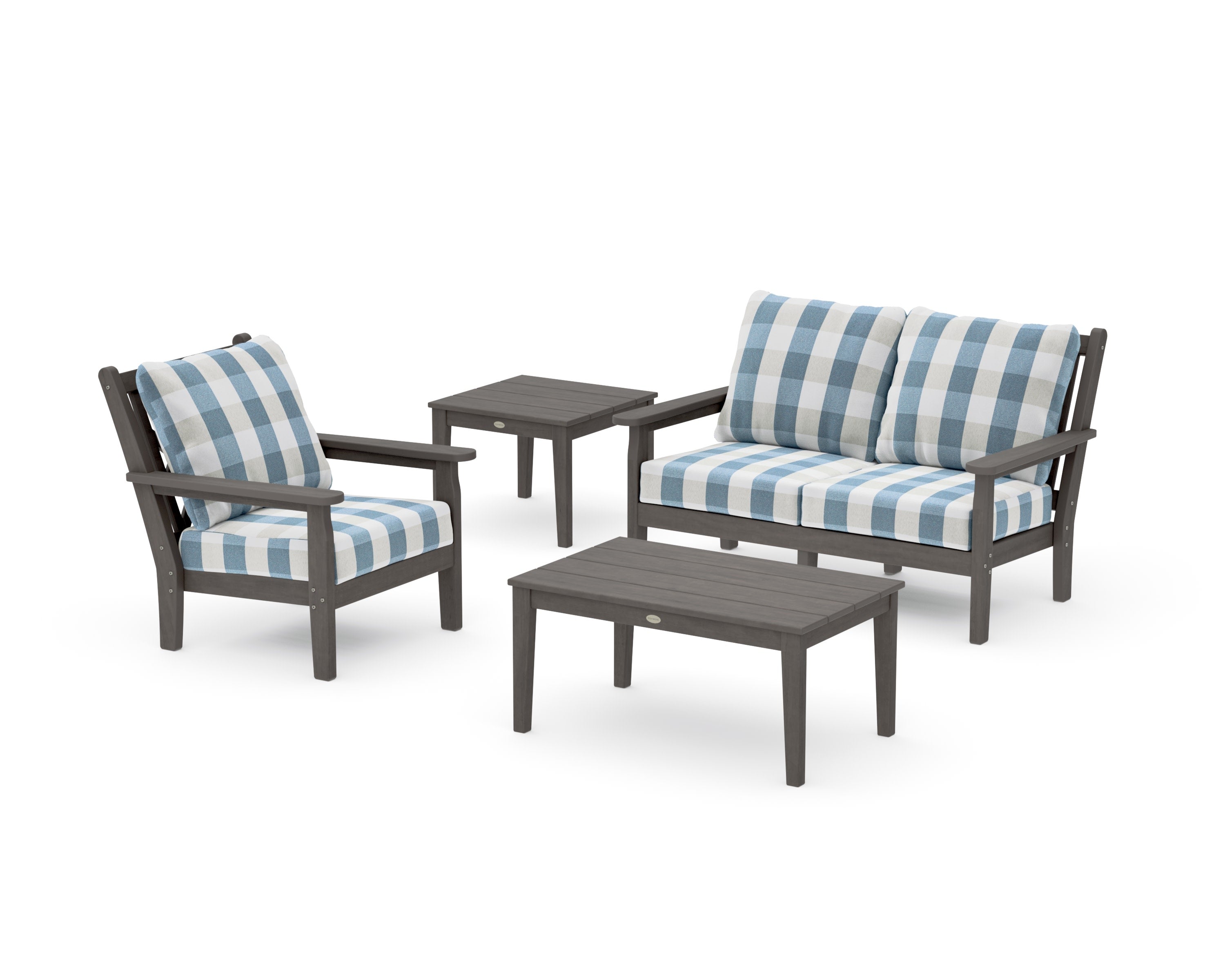 Chippendale 4-Piece Deep Seating Set in Driftwood / Buffalo Plaid Sky Blue