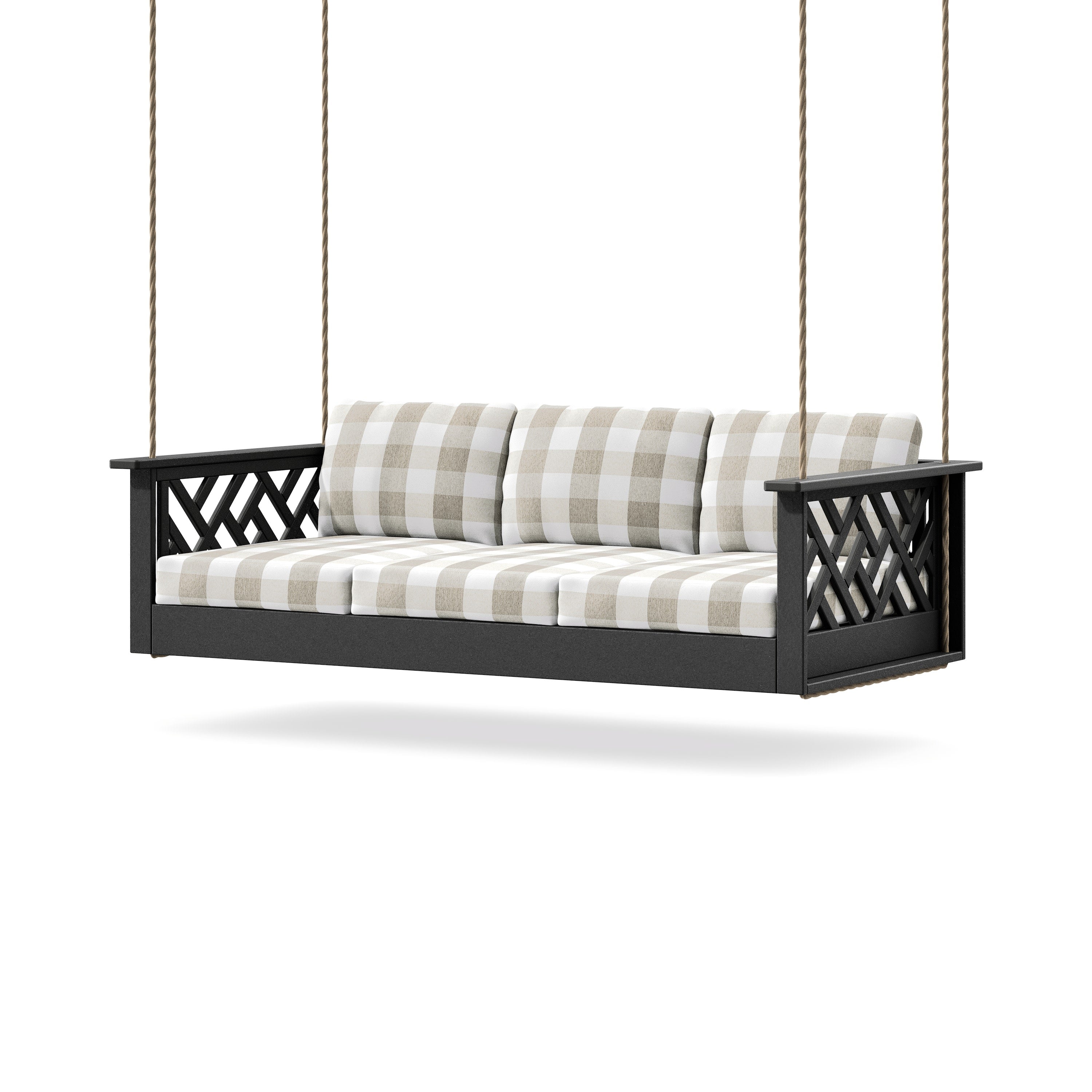 Chippendale Daybed Swing in Black / Buffalo Plaid Dune Burlap