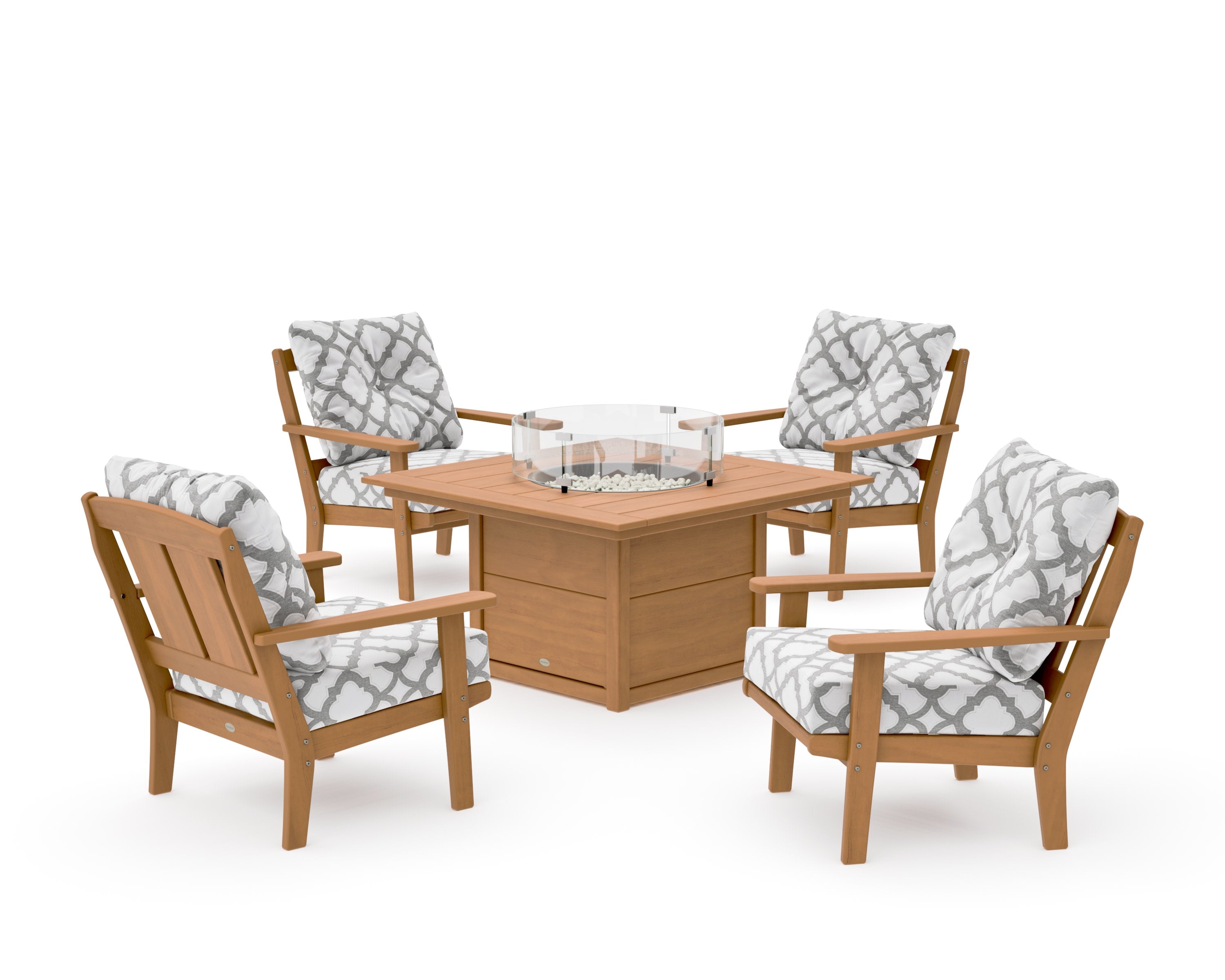 Mission 5-Piece Deep Seating Set with Fire Pit Table in Natural / Trellis Grey Mist
