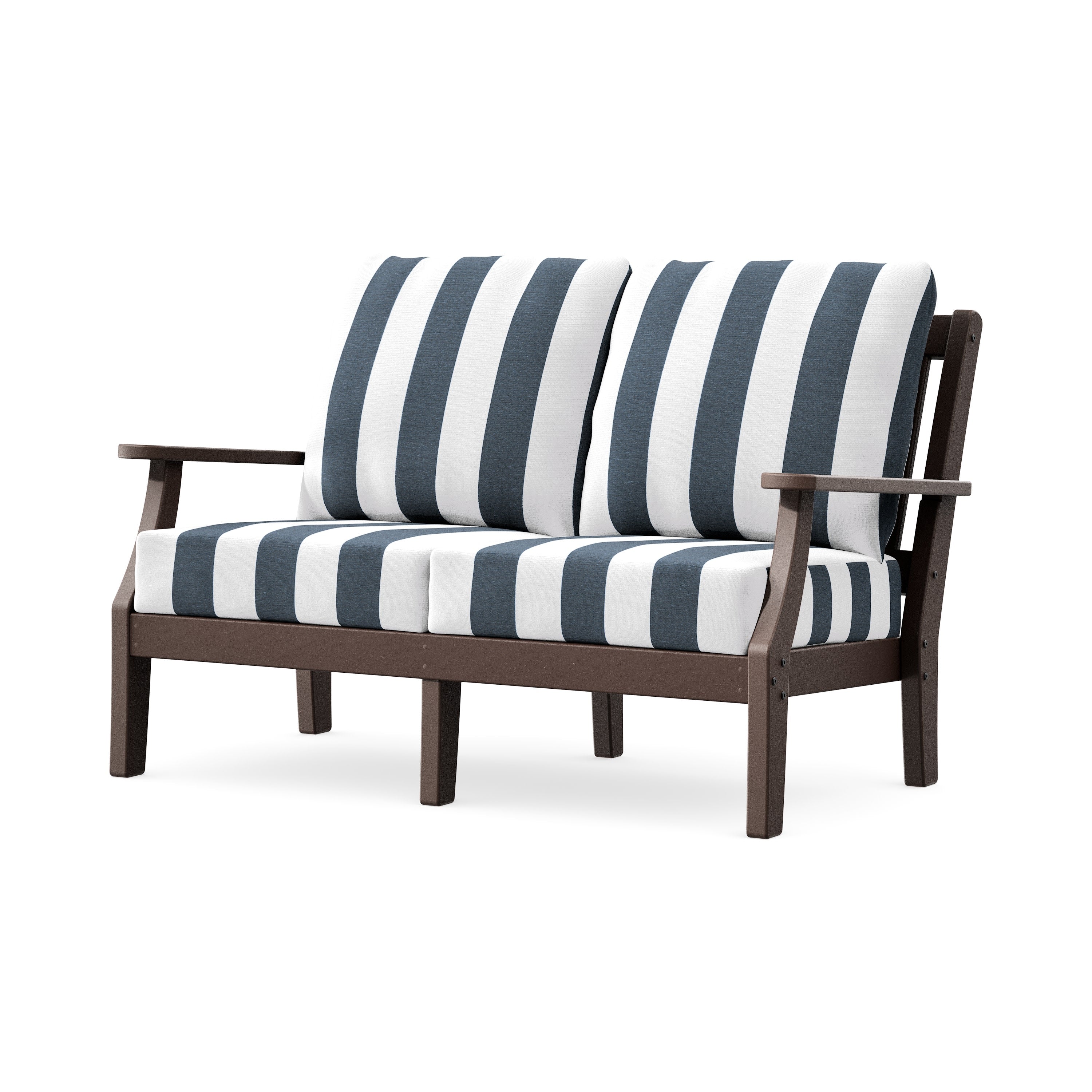 Chinoiserie Deep Seating Loveseat in Mahogany / Cabana Stripe Marine Indigo