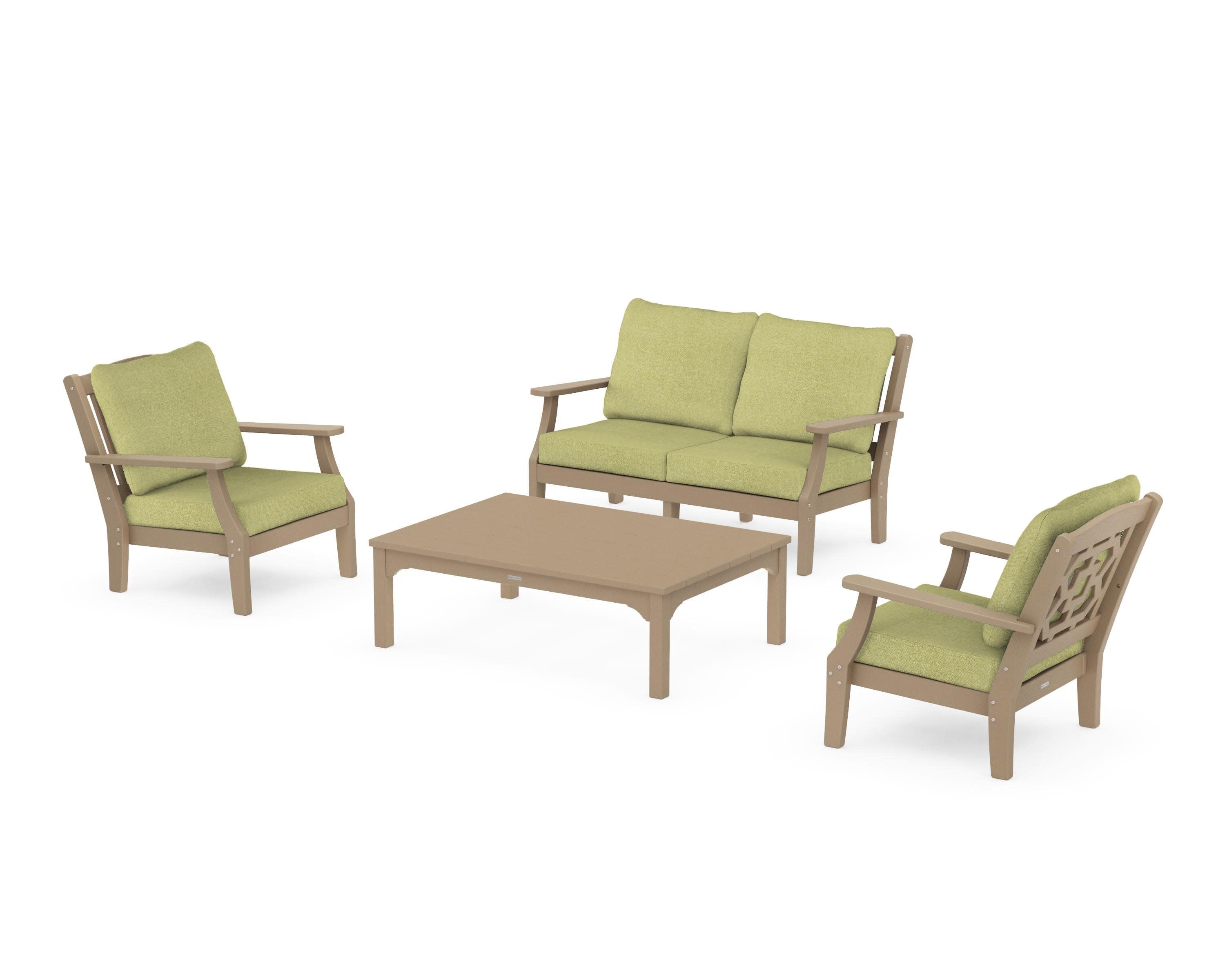 Chinoiserie 4-Piece Deep Seating Set with Loveseat in Vintage Sahara / Chartreuse Boucle