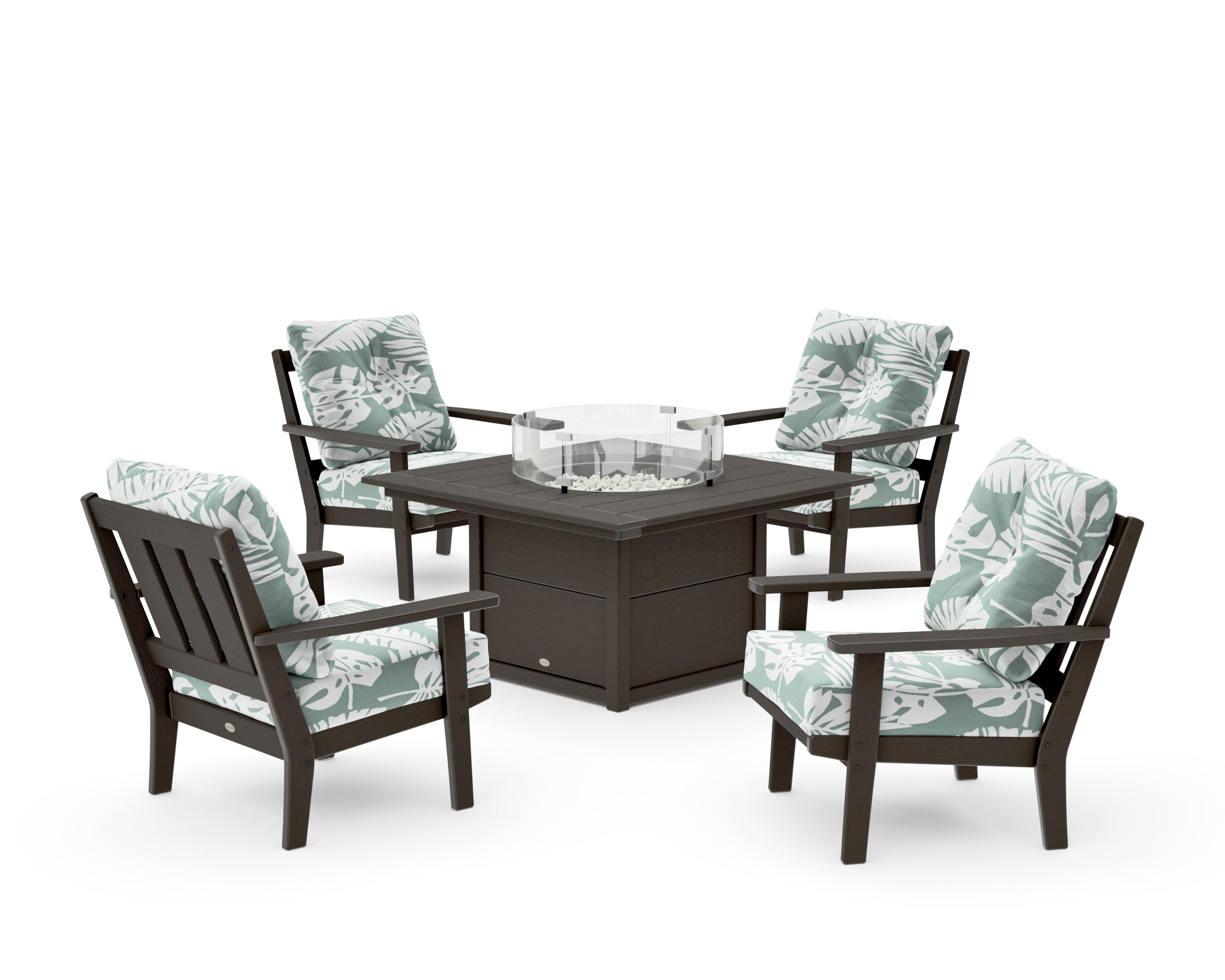 Oxford 5-Piece Deep Seating Set with Fire Pit Table in Vintage Coffee / Leaf Glacier Spa