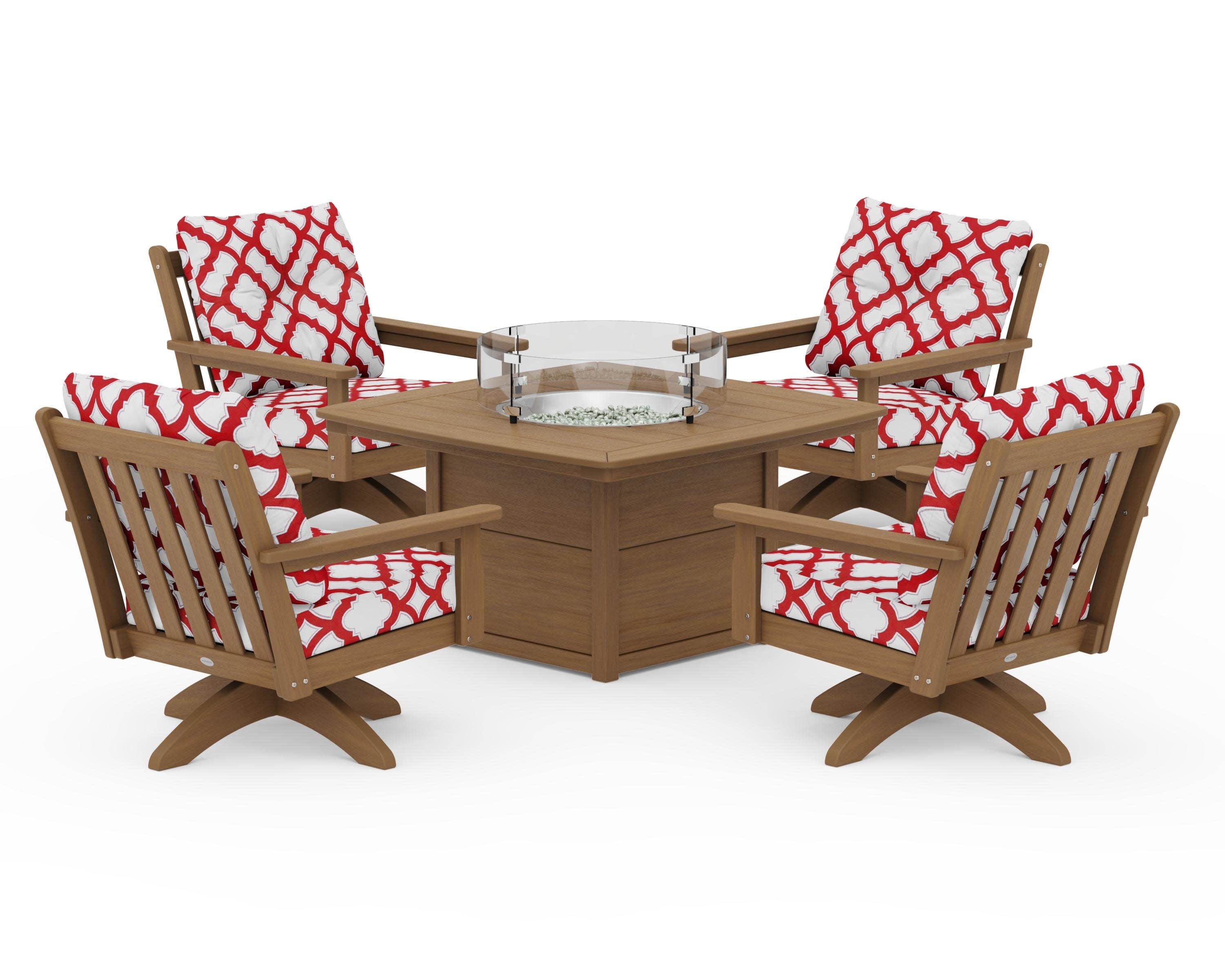 Vineyard 5-Piece Deep Seating Swivel Conversation Set with Fire Pit Table in Natural / Trellis Crimson
