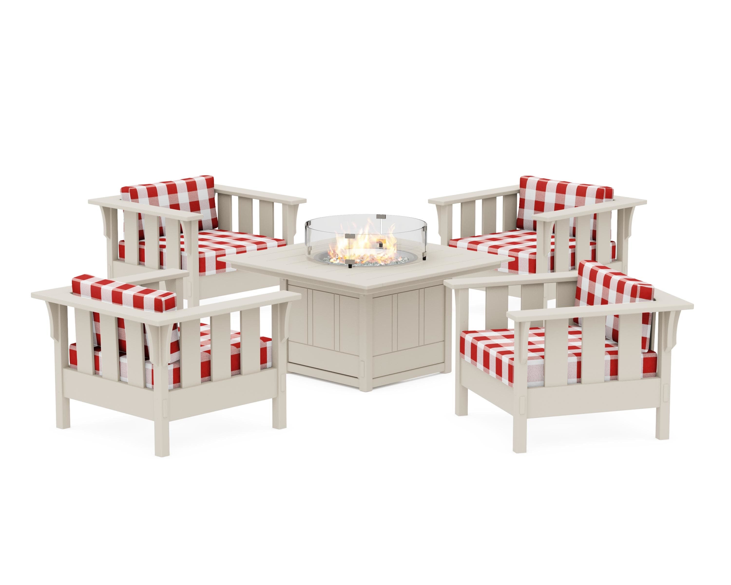 Acadia 5-Piece Deep Seating Set with Fire Pit Table in Sand / Buffalo Plaid Crimson