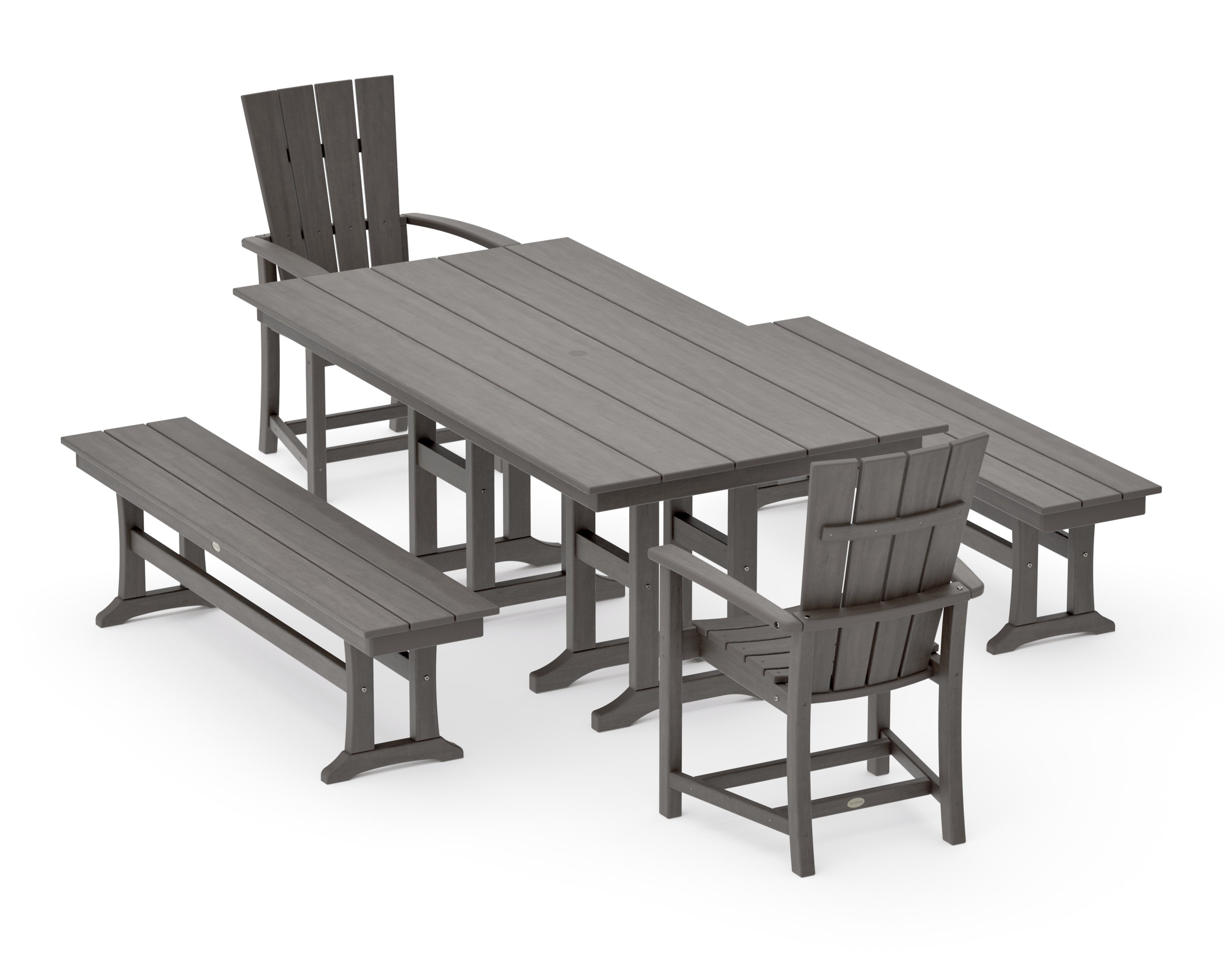 Quattro 5-Piece Farmhouse Dining Set with Benches in Driftwood