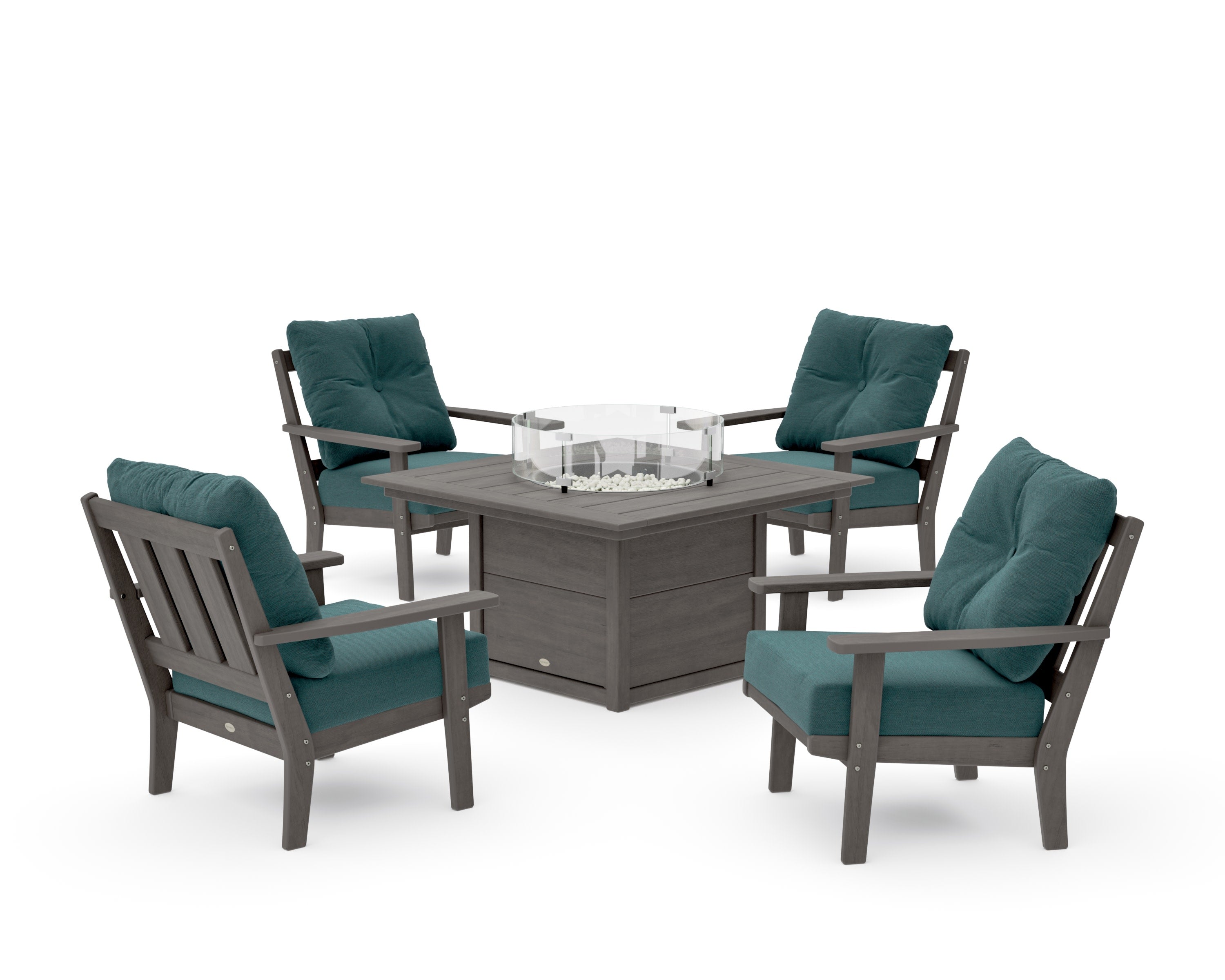 Oxford 5-Piece Deep Seating Set with Fire Pit Table in Driftwood / Ocean Teal
