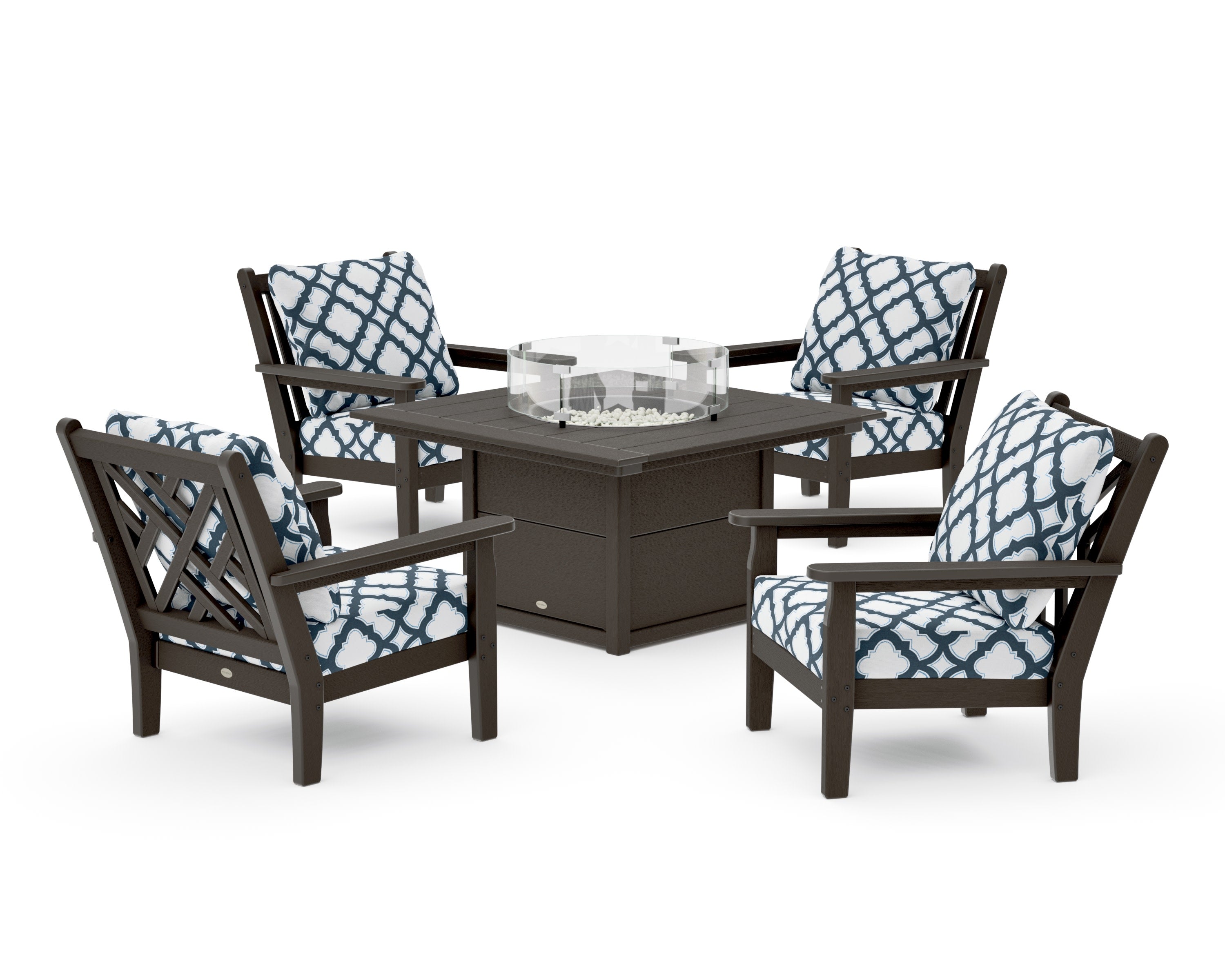 Chippendale 5-Piece Deep Seating Set with Fire Pit Table in Vintage Coffee / Trellis Marine Indigo