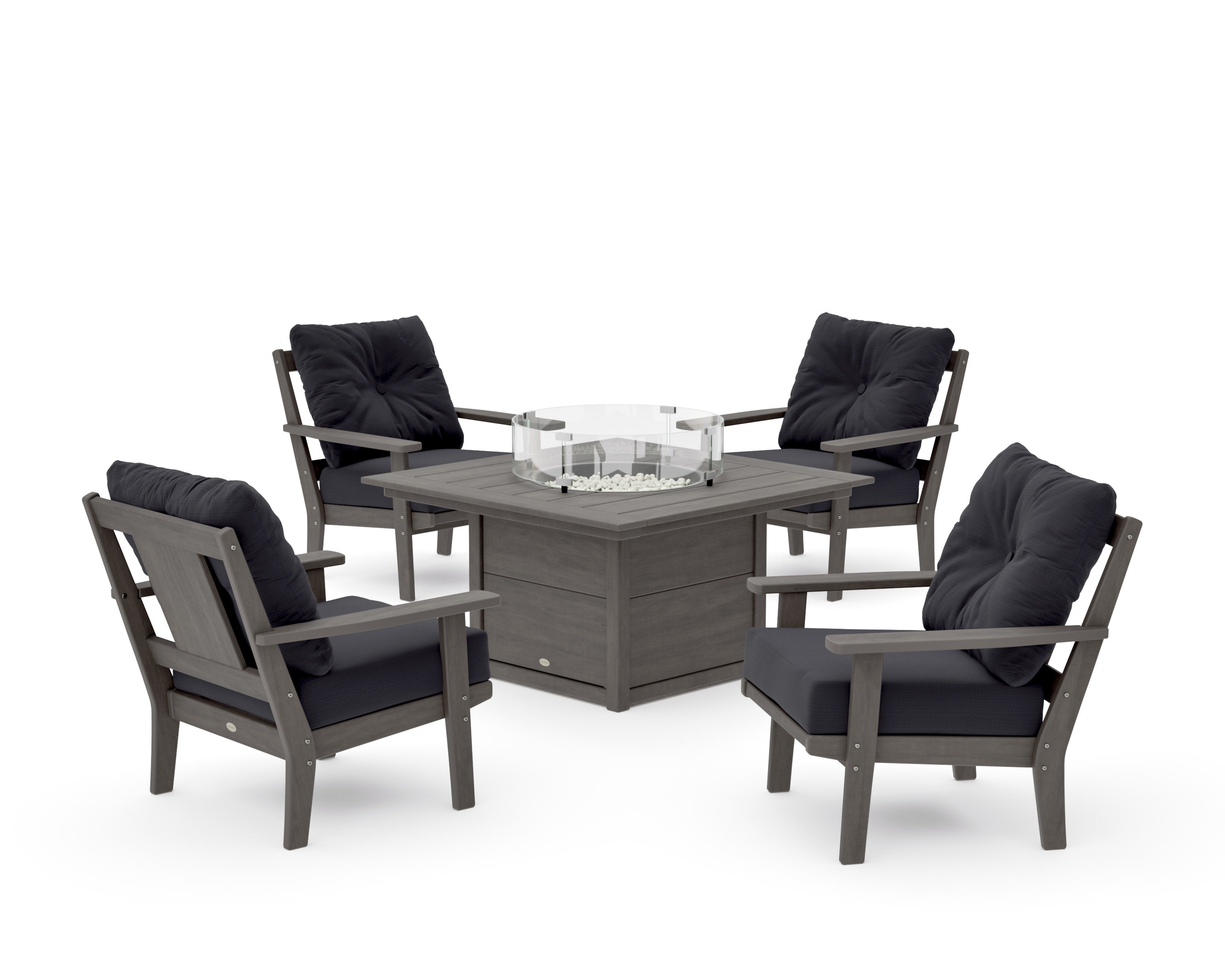 Prairie 5-Piece Deep Seating Set with Fire Pit Table in Driftwood / Midnight Linen