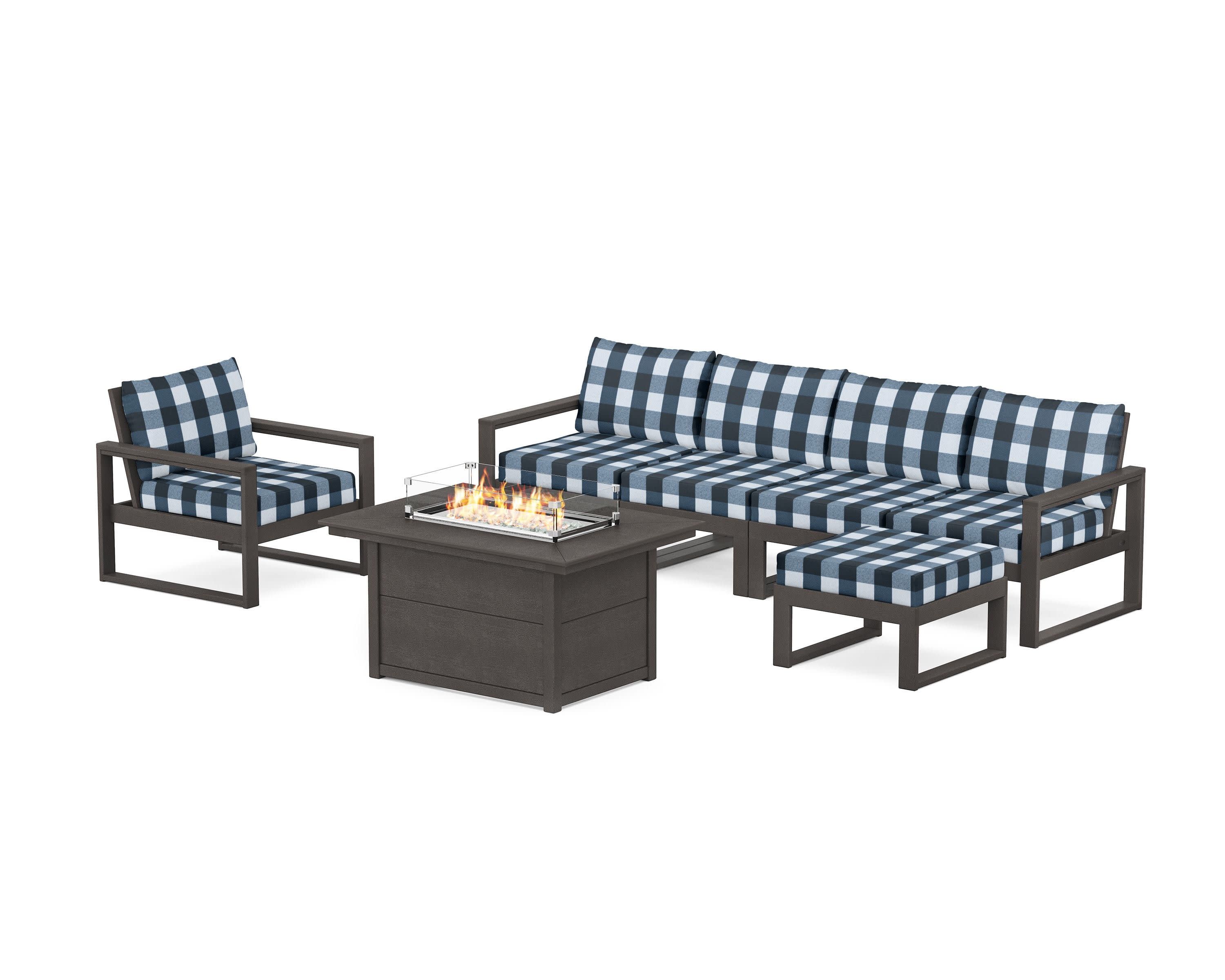 EDGE Sectional Lounge and Fire Pit Set in Vintage Coffee / Buffalo Plaid Marine Indigo
