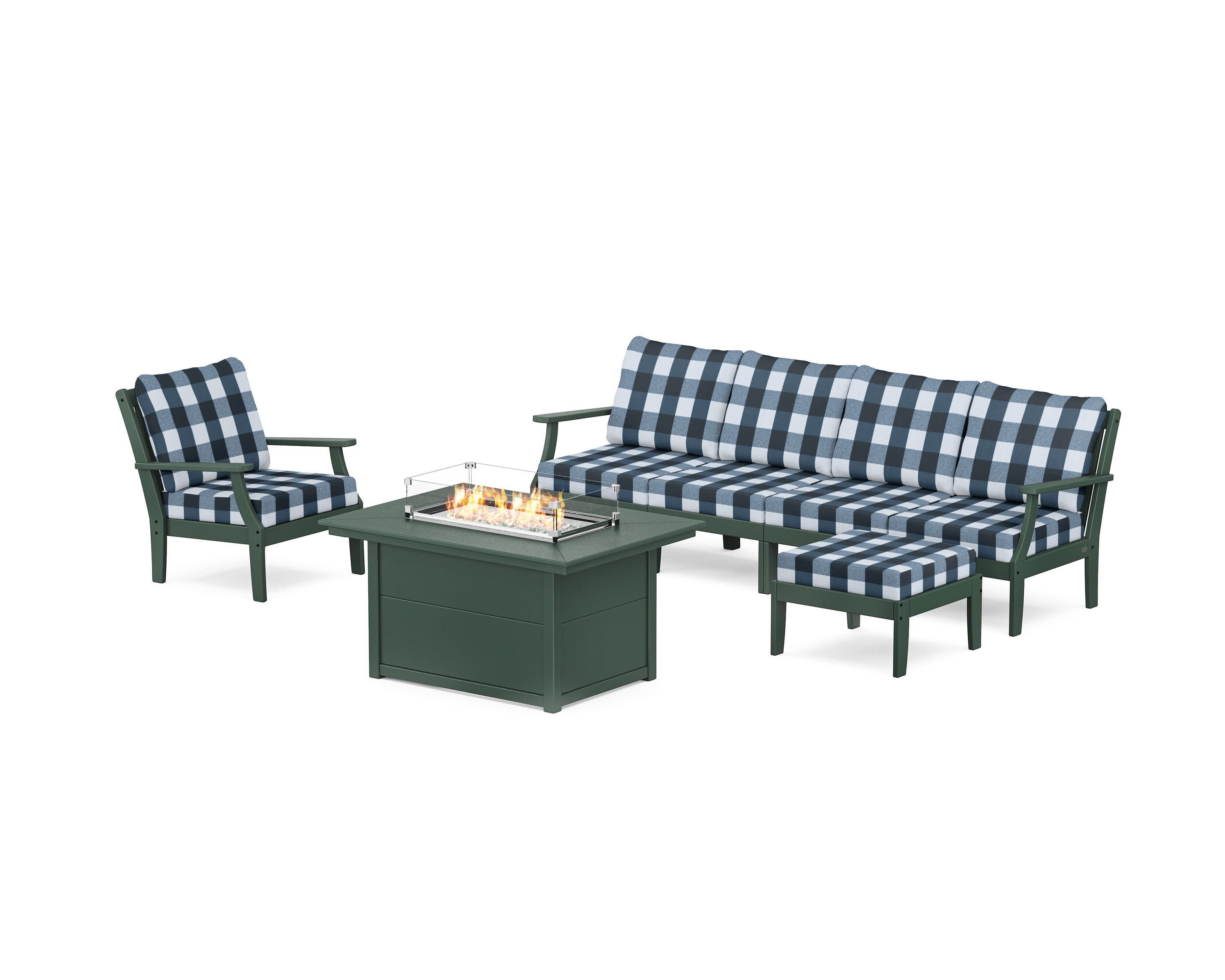 Braxton Sectional Lounge and Fire Pit Set in Green / Buffalo Plaid Marine Indigo
