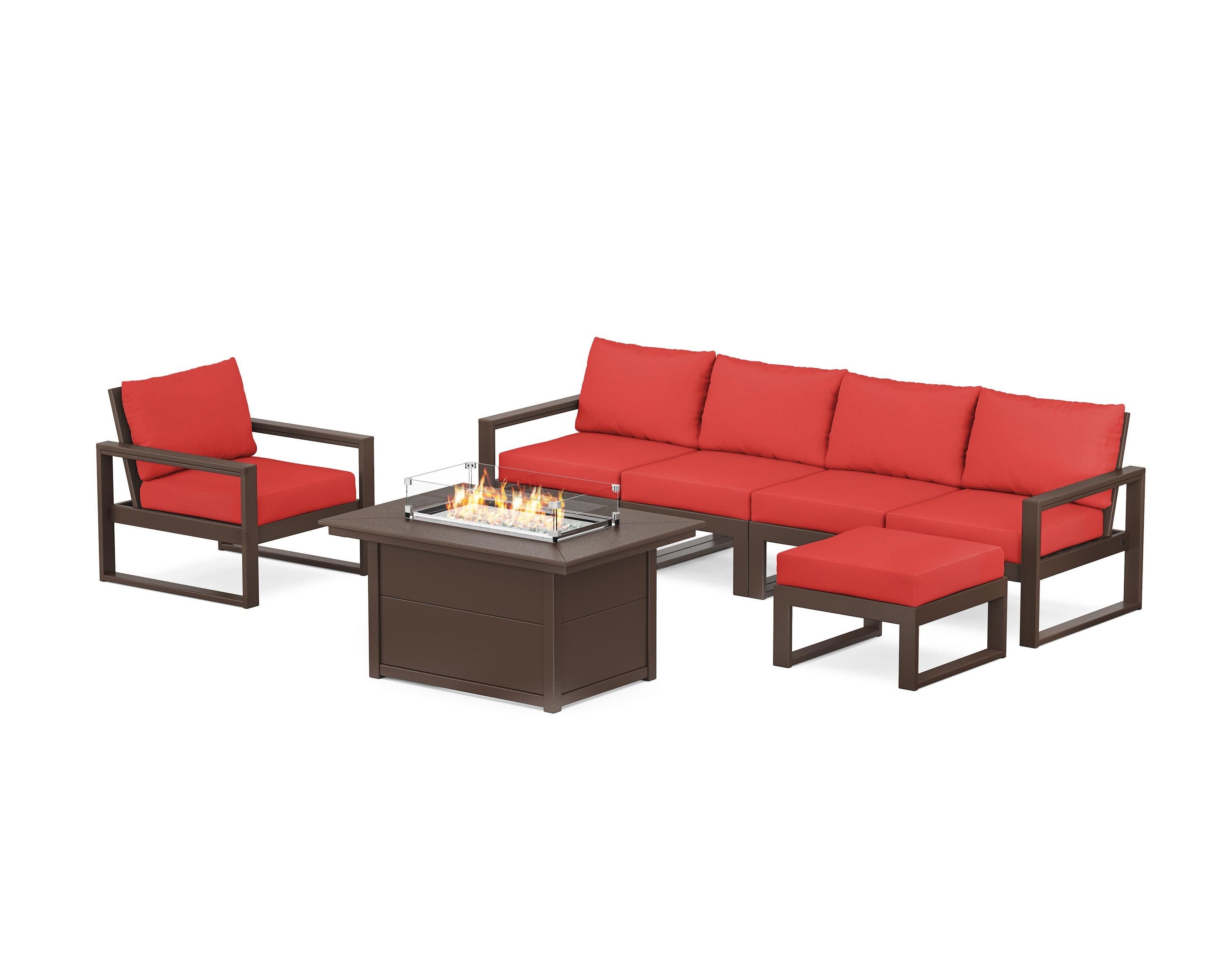 EDGE Sectional Lounge and Fire Pit Set in Mahogany / Crimson Linen