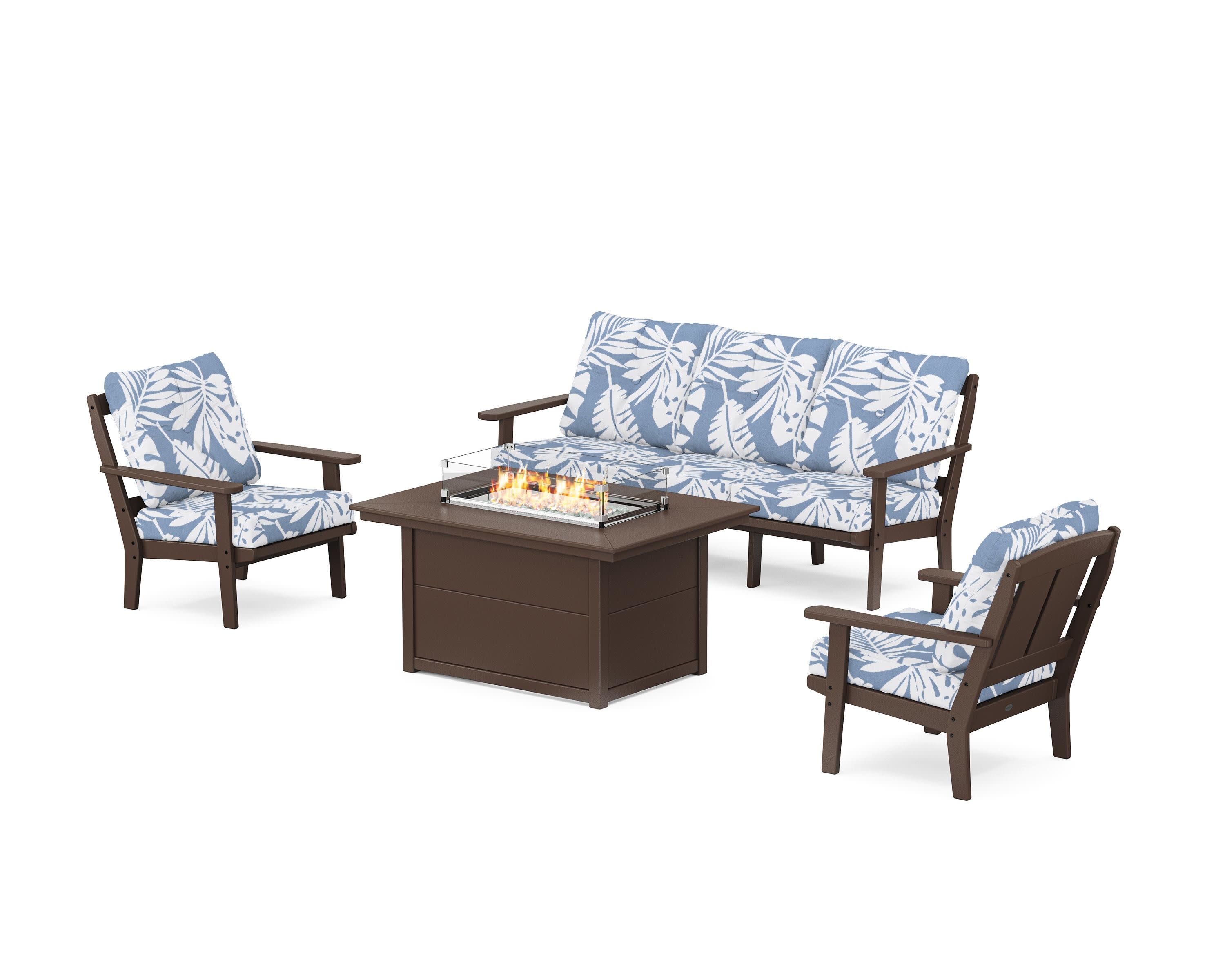 Mission Deep Seating Fire Pit Table Set in Mahogany / Leaf Sky Blue