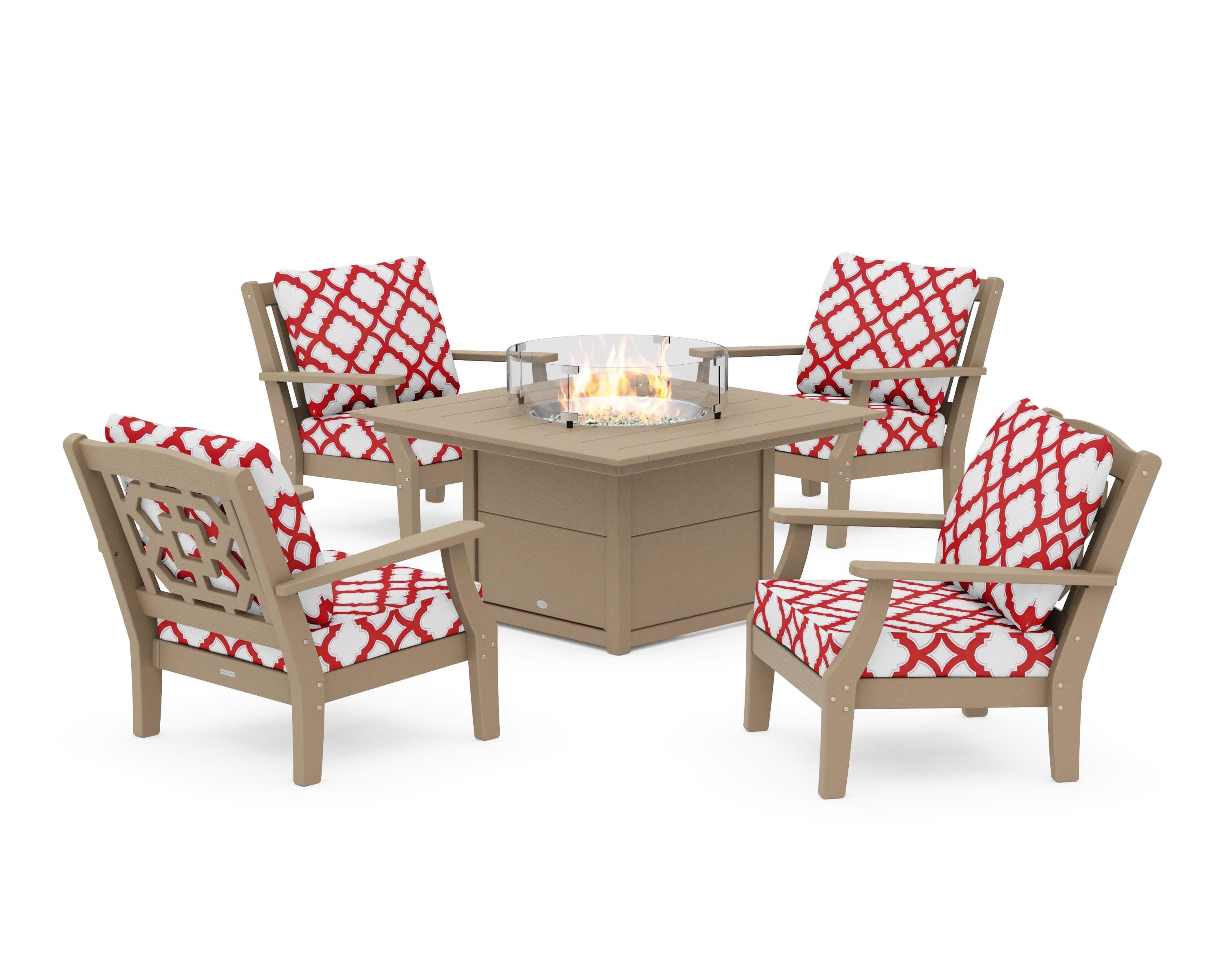 Chinoiserie 5-Piece Deep Seating Set with Fire Pit Table in Vintage Sahara / Trellis Crimson