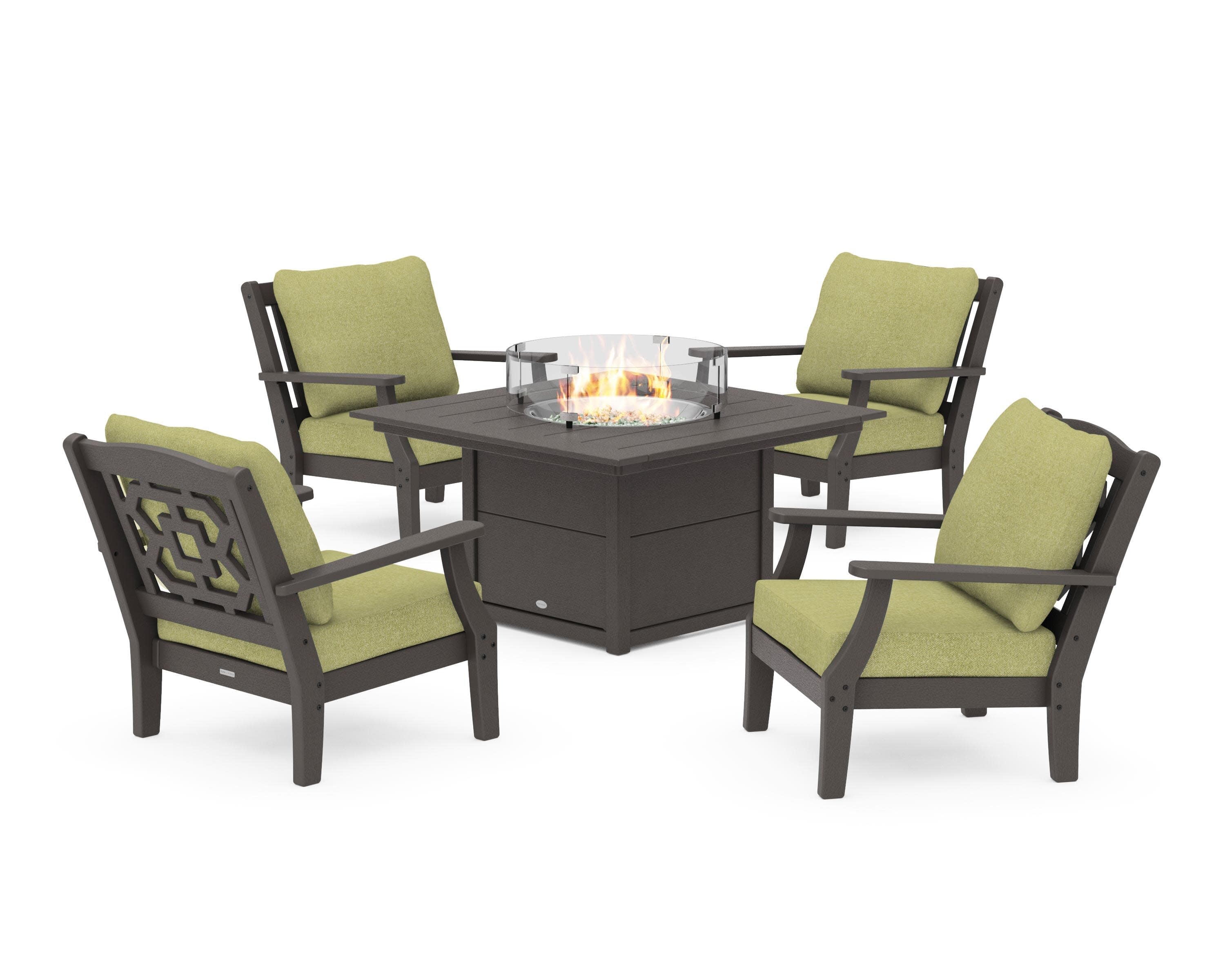 Chinoiserie 5-Piece Deep Seating Set with Fire Pit Table in Vintage Coffee / Chartreuse Boucle