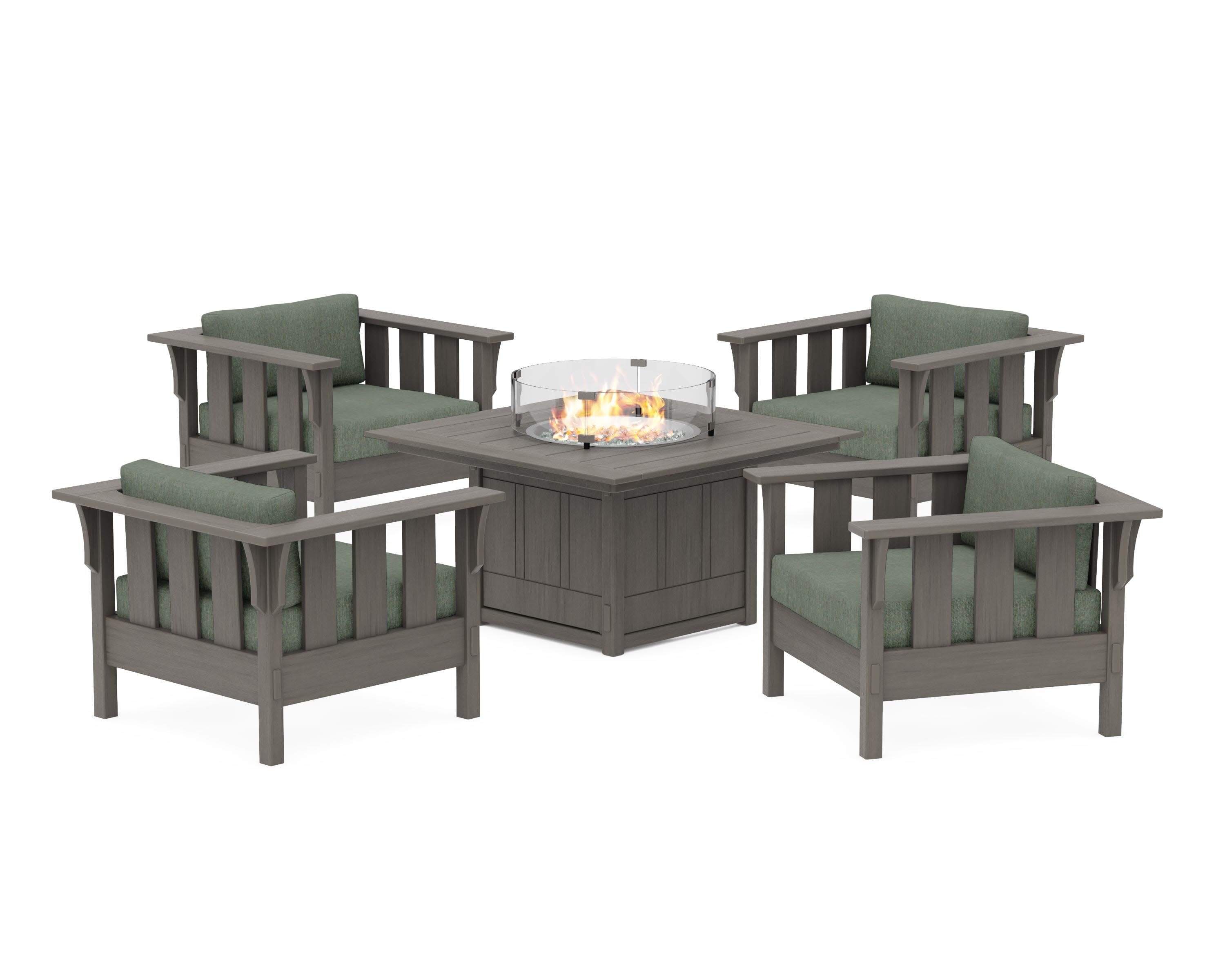 Acadia 5-Piece Deep Seating Set with Fire Pit Table in Driftwood / Cast Sage