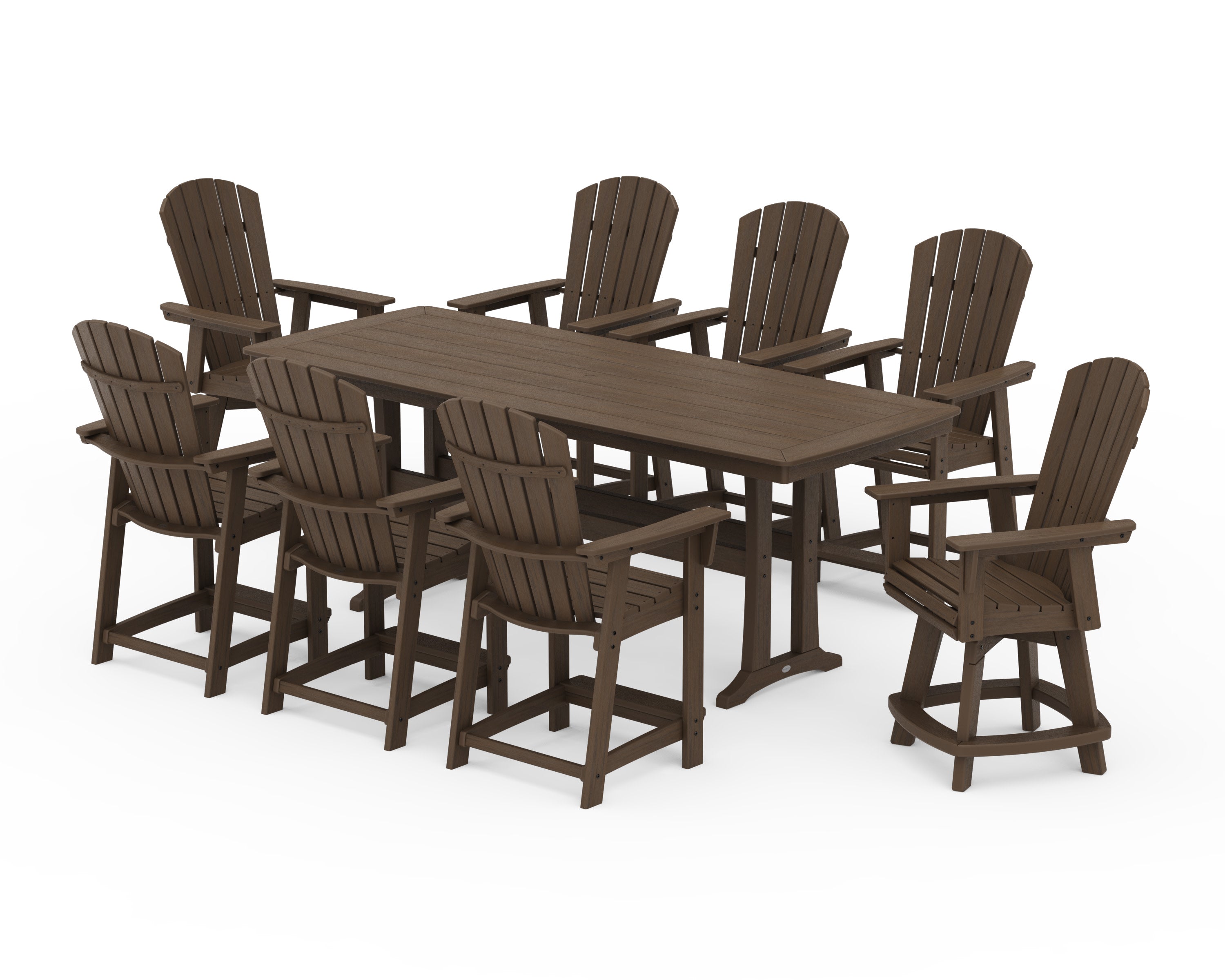 Nautical Curveback Adirondack Swivel 9-Piece Counter Set with Trestle Legs in Kona
