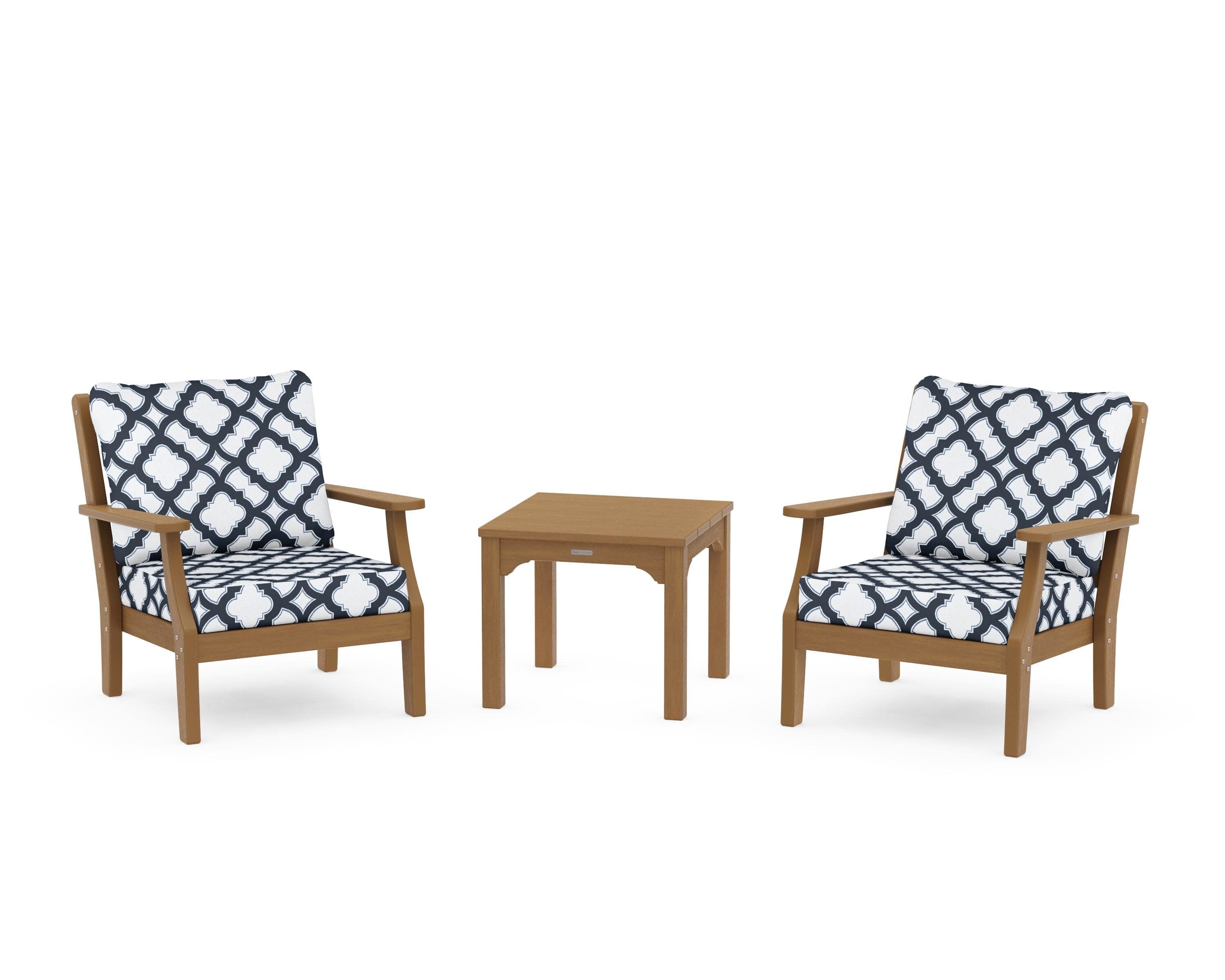 Chinoiserie 3-Piece Deep Seating Set in Natural / Trellis Marine Indigo
