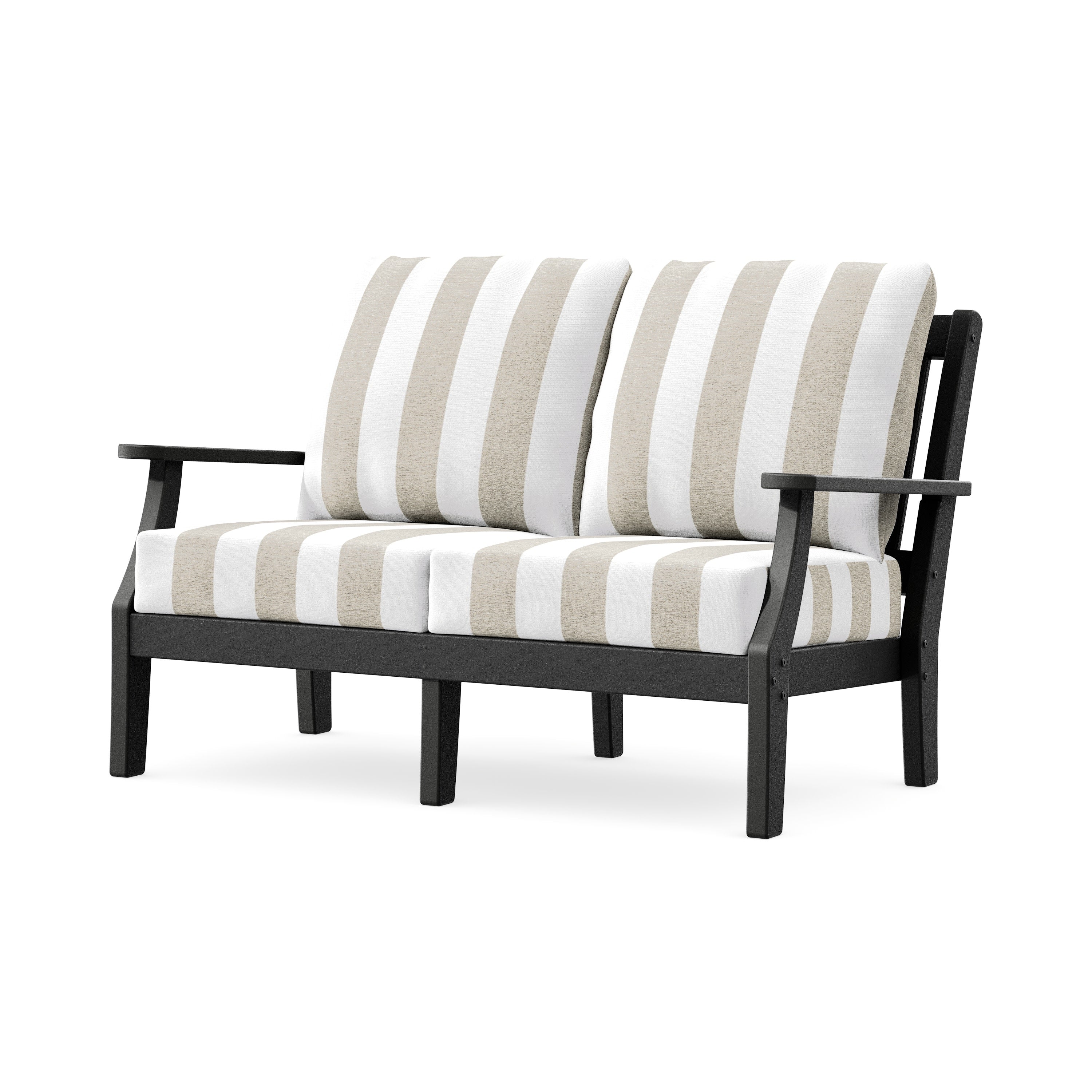 Chinoiserie Deep Seating Loveseat in Black / Cabana Stripe Dune Burlap