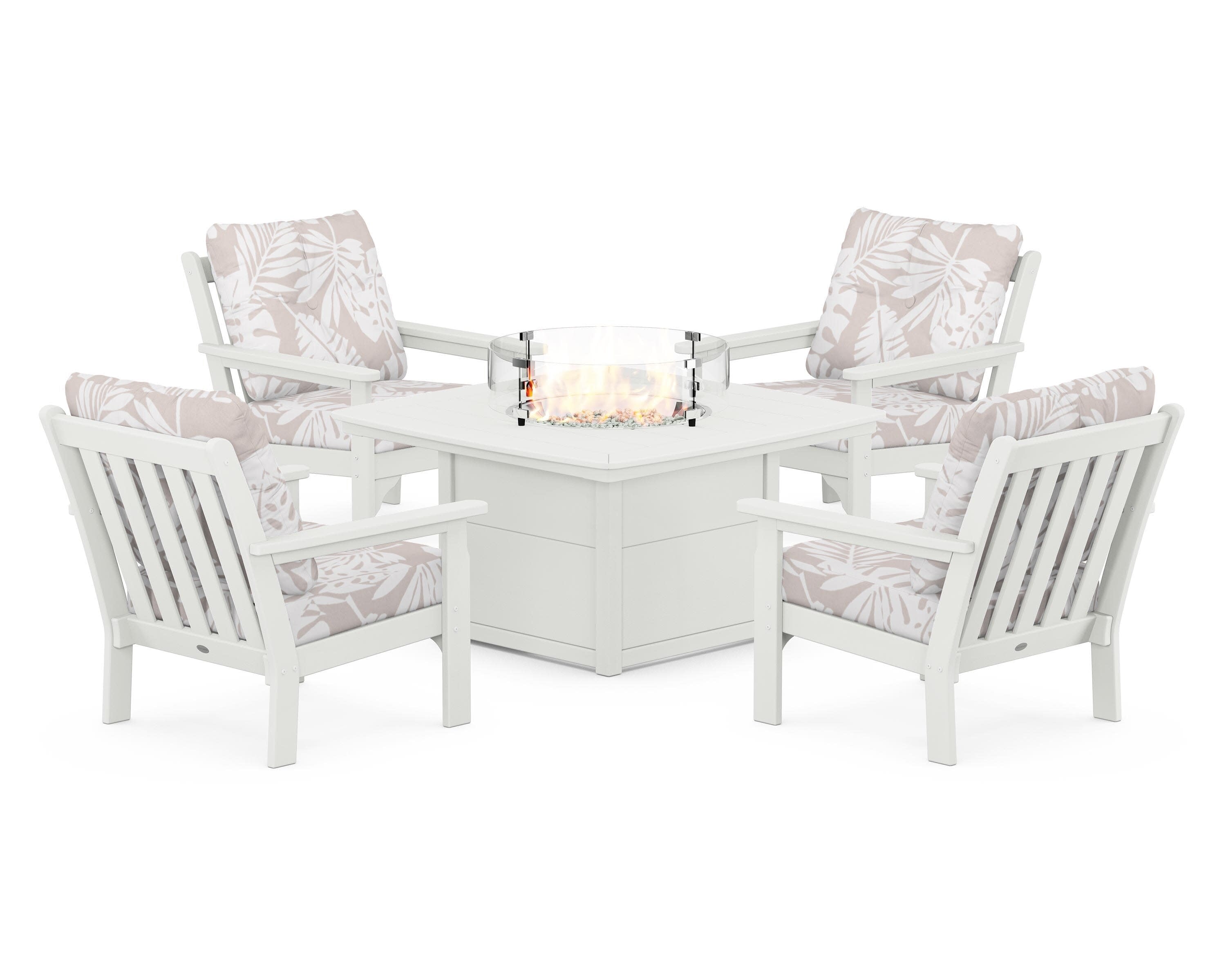 Vineyard 5-Piece Conversation Set with Fire Pit Table in Vintage White / Leaf Dune Burlap