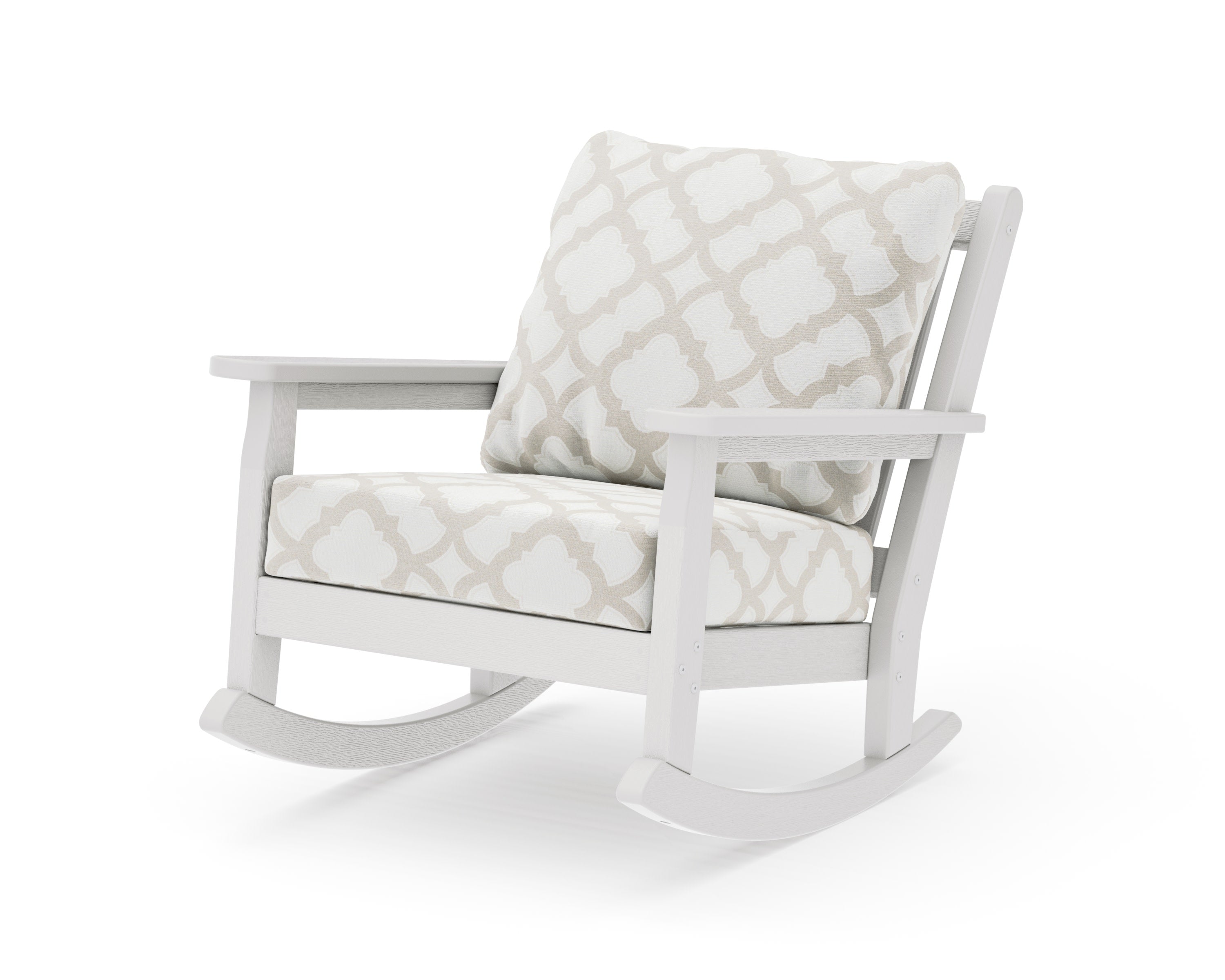 Chippendale Deep Seating Rocking Chair in Vintage White / Trellis Dune Burlap