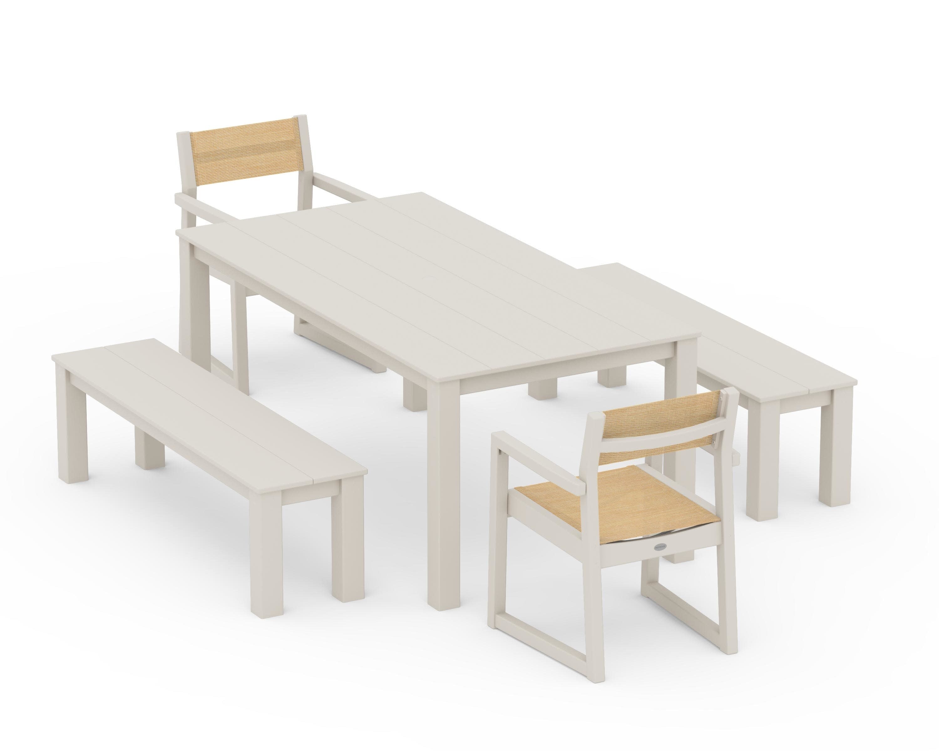 EDGE Sling Arm Chair 5-Piece Parsons Dining Set with Benches in Sand / Dupioni Apricot Sling