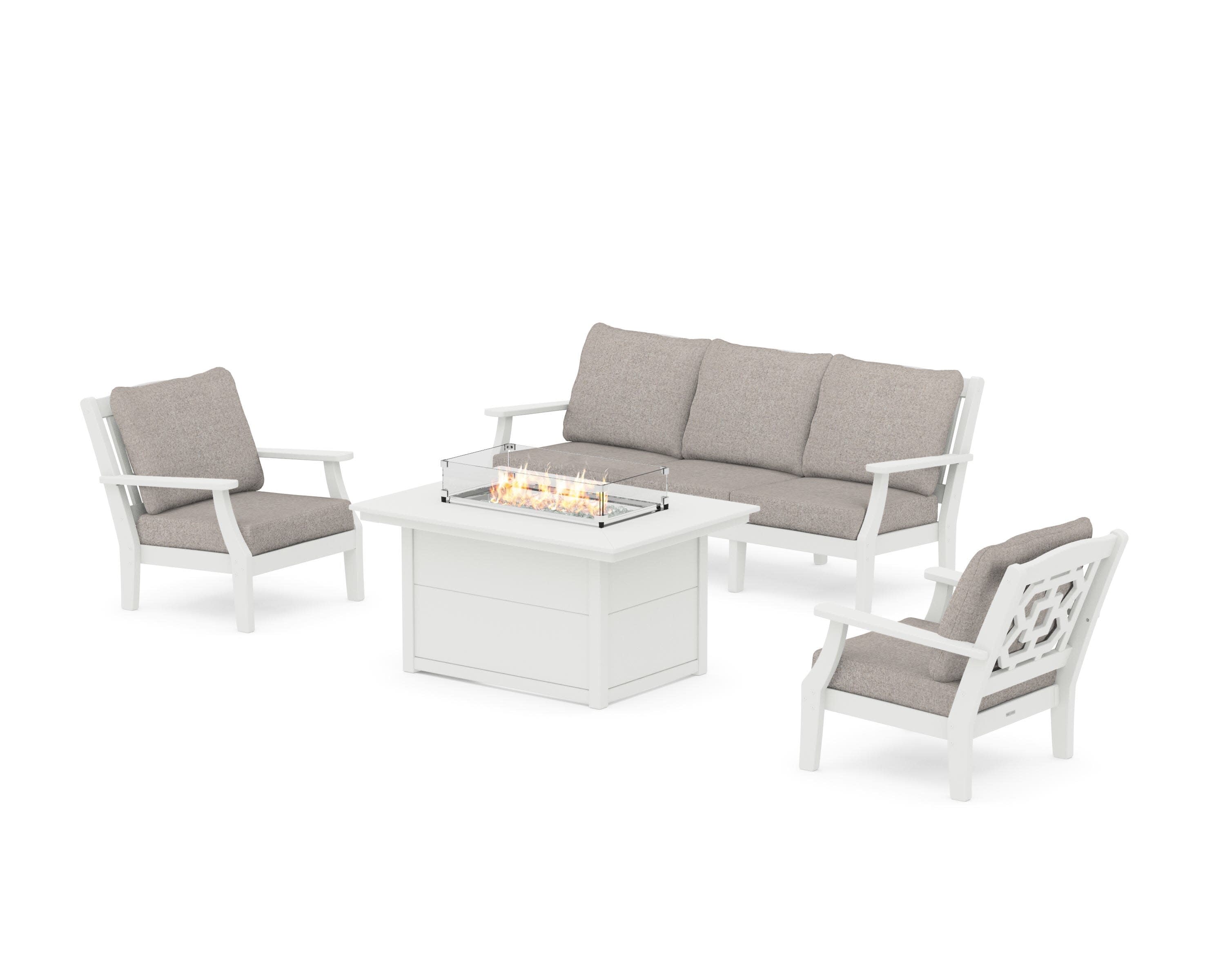 Chinoiserie Deep Seating Fire Pit Table Set in Vintage White / Weathered Tweed