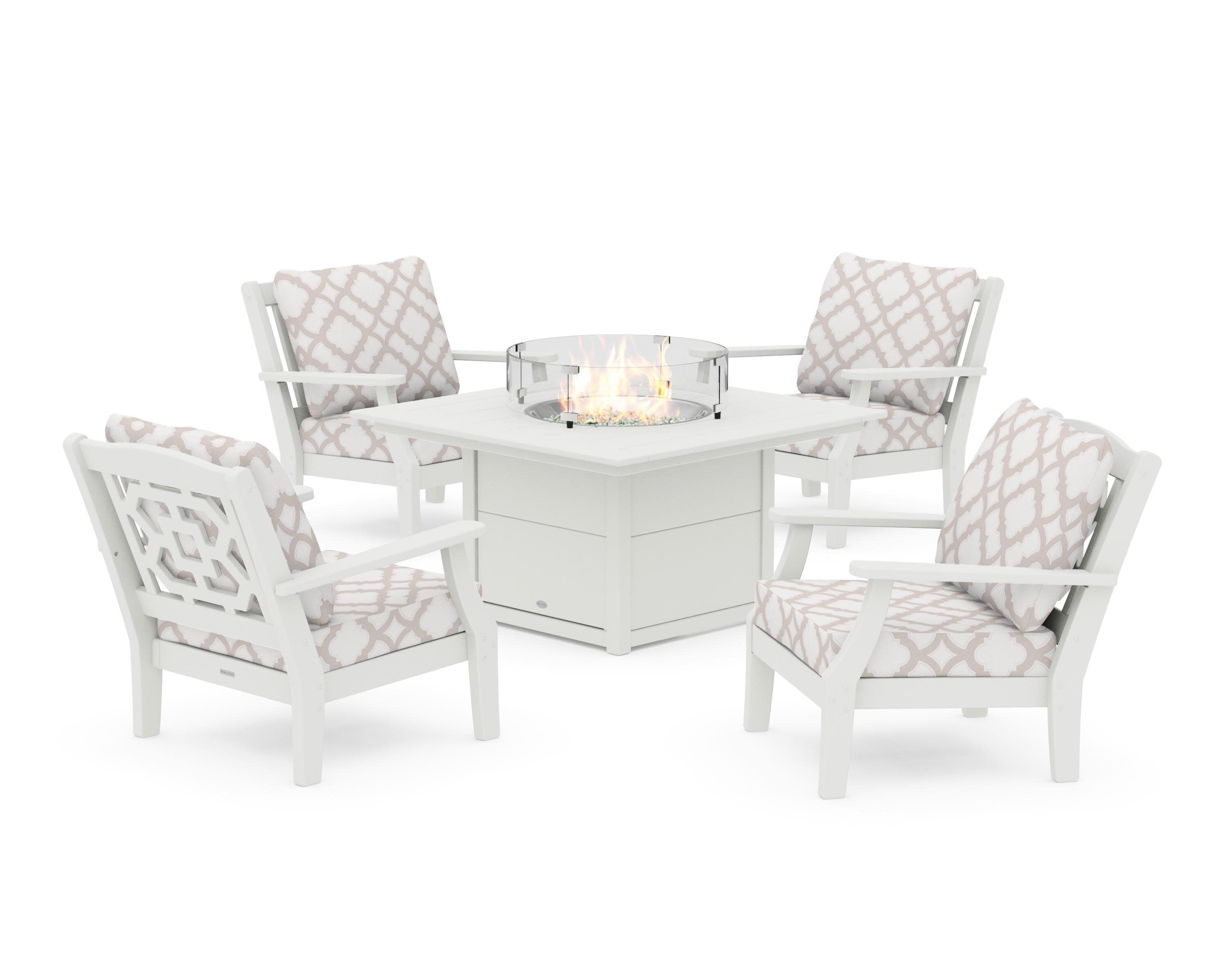 Chinoiserie 5-Piece Deep Seating Set with Fire Pit Table in Vintage White / Trellis Dune Burlap