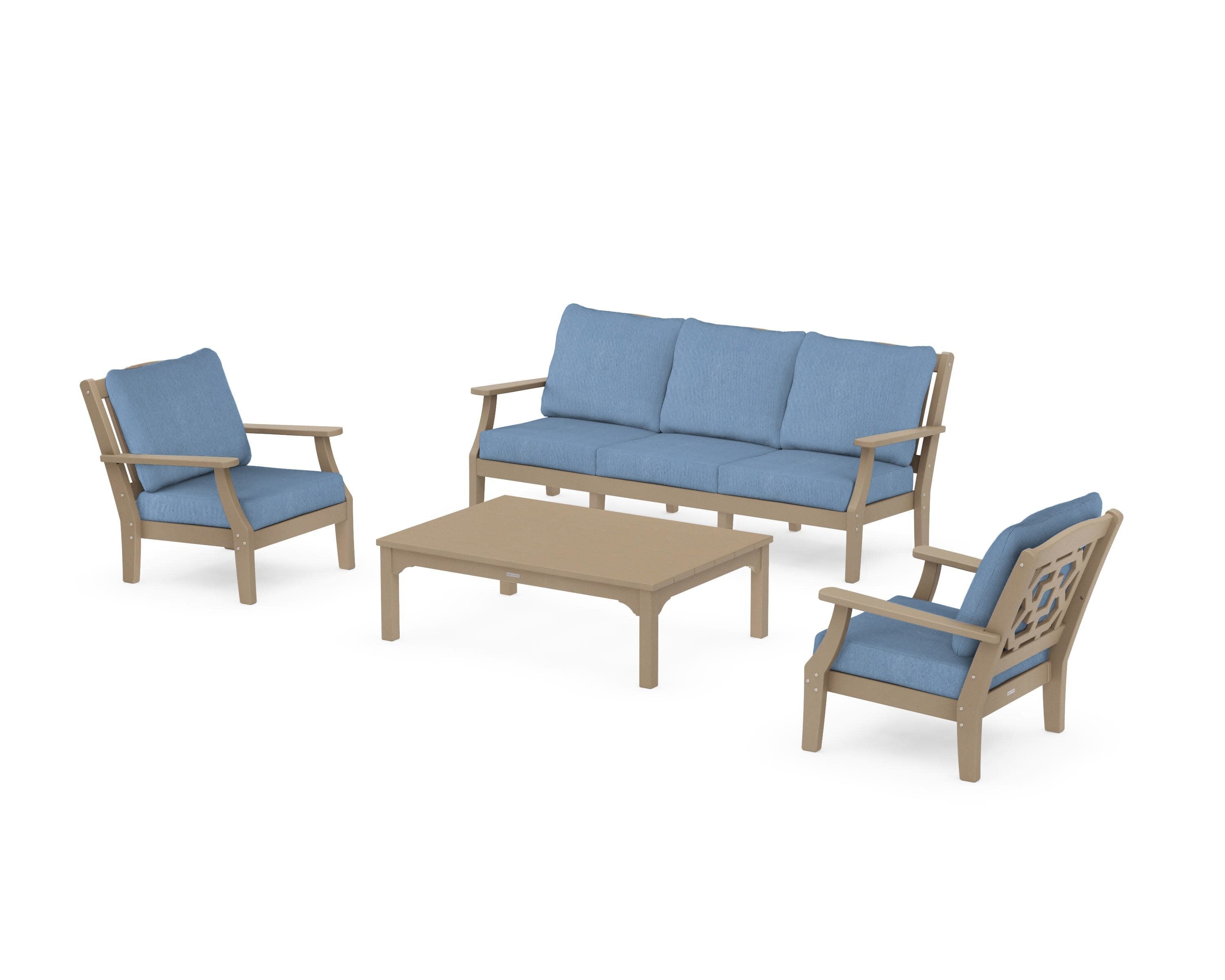 Chinoiserie 4-Piece Deep Seating Set with Sofa in Vintage Sahara / Sky Blue