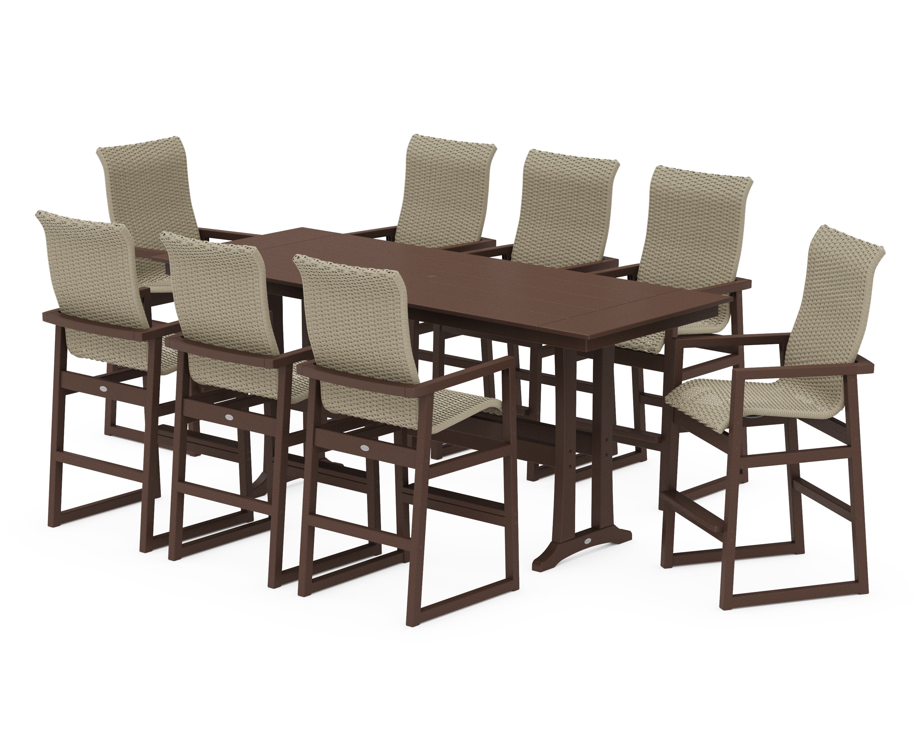 EDGE Woven Highback 9-Piece Farmhouse Bar Set with Trestle Legs in Mahogany / Dune Grass