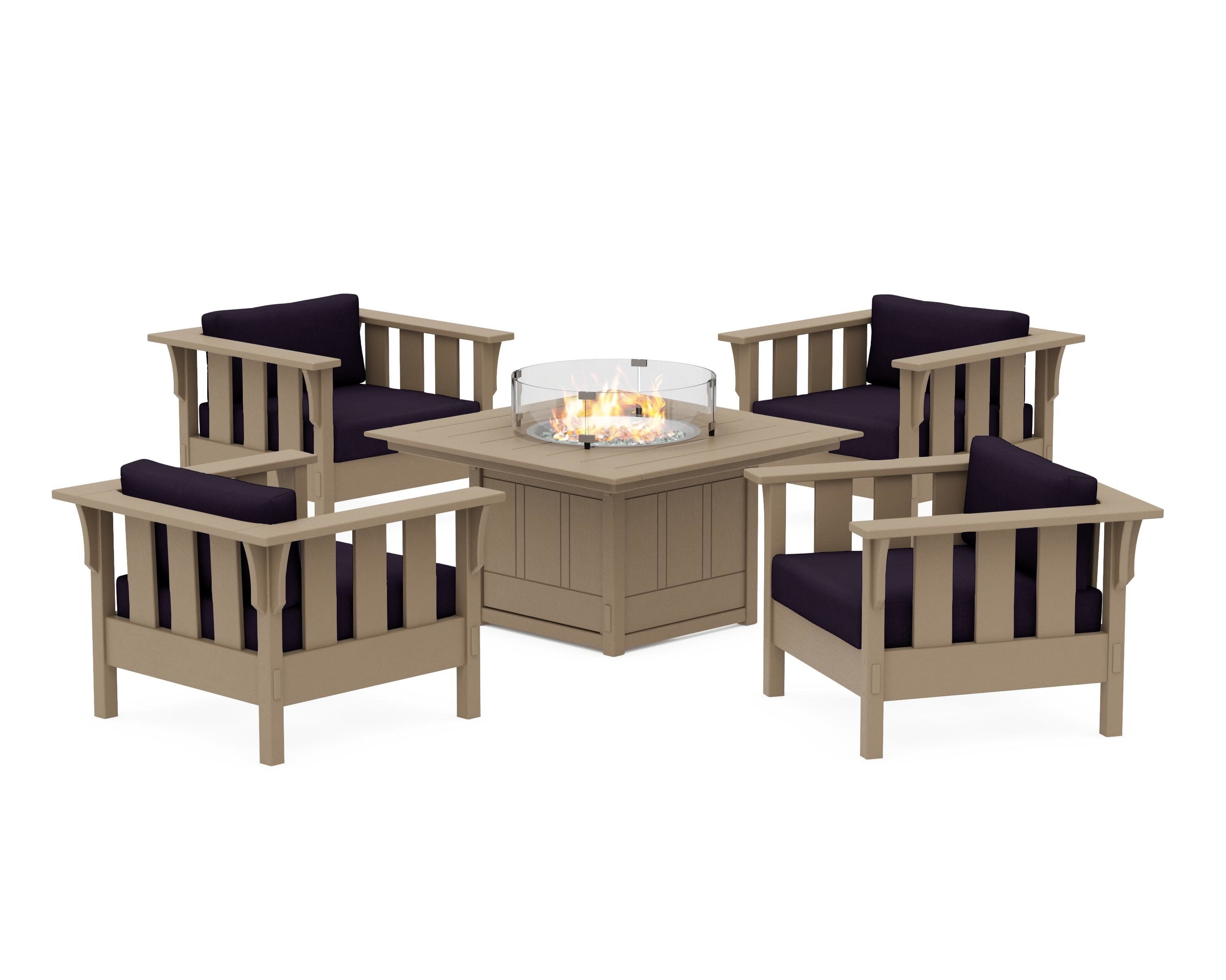 Acadia 5-Piece Deep Seating Set with Fire Pit Table in Vintage Sahara / Navy Linen