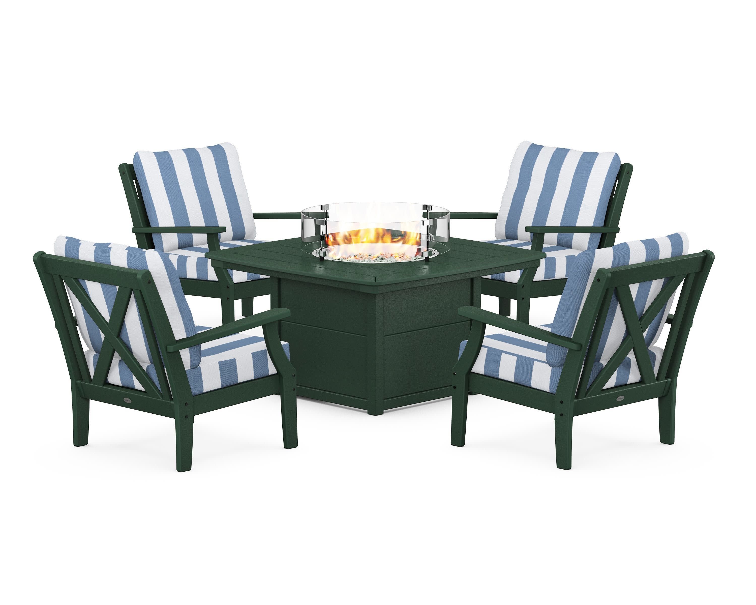 Braxton 5-Piece Deep Seating Conversation Set with Fire Pit Table in Green / Cabana Stripe Sky Blue
