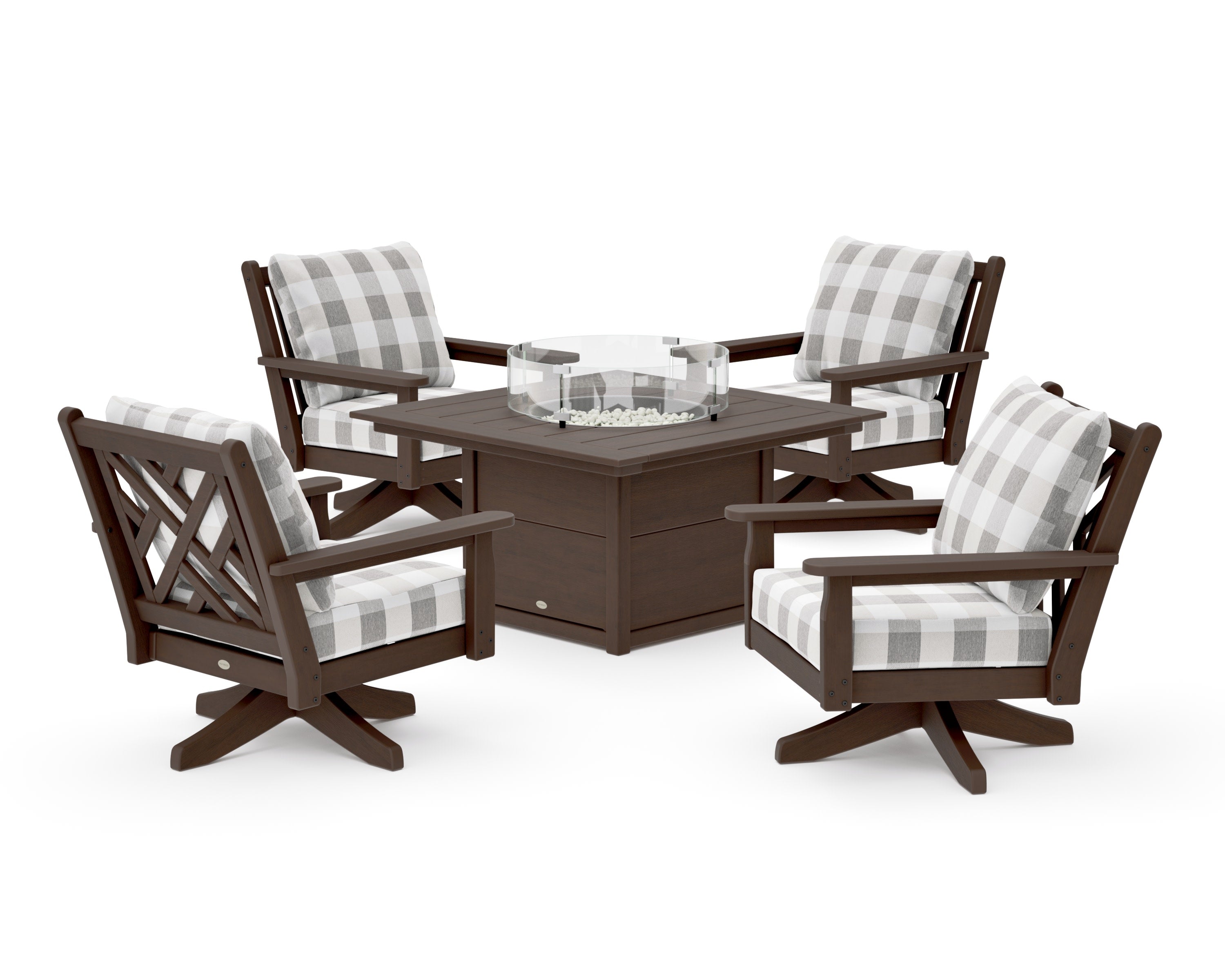 Chippendale 5-Piece Deep Seating Swivel Conversation Set with Fire Pit Table in Kona / Buffalo Plaid Grey Mist