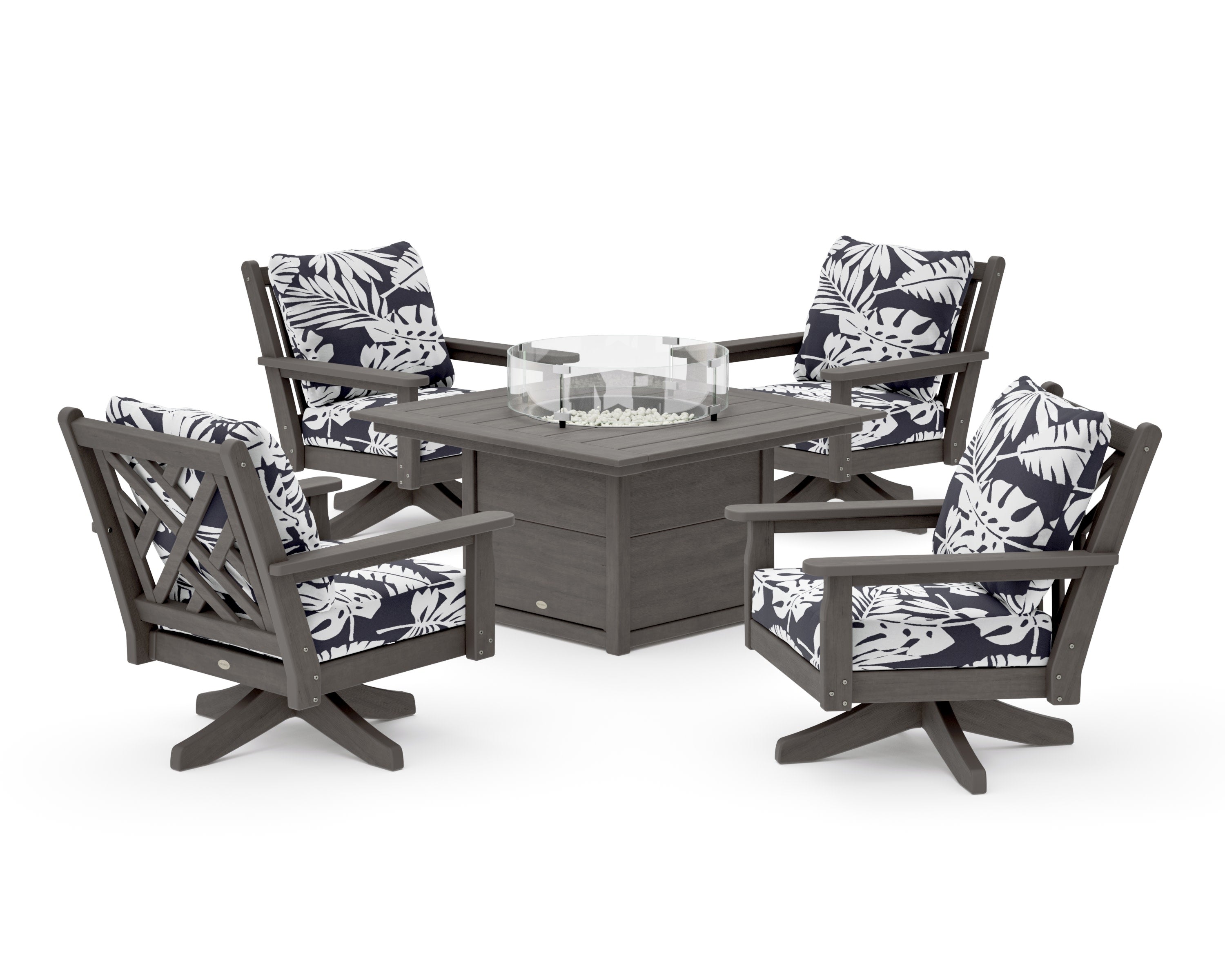Chippendale 5-Piece Deep Seating Swivel Conversation Set with Fire Pit Table in Driftwood / Leaf Navy