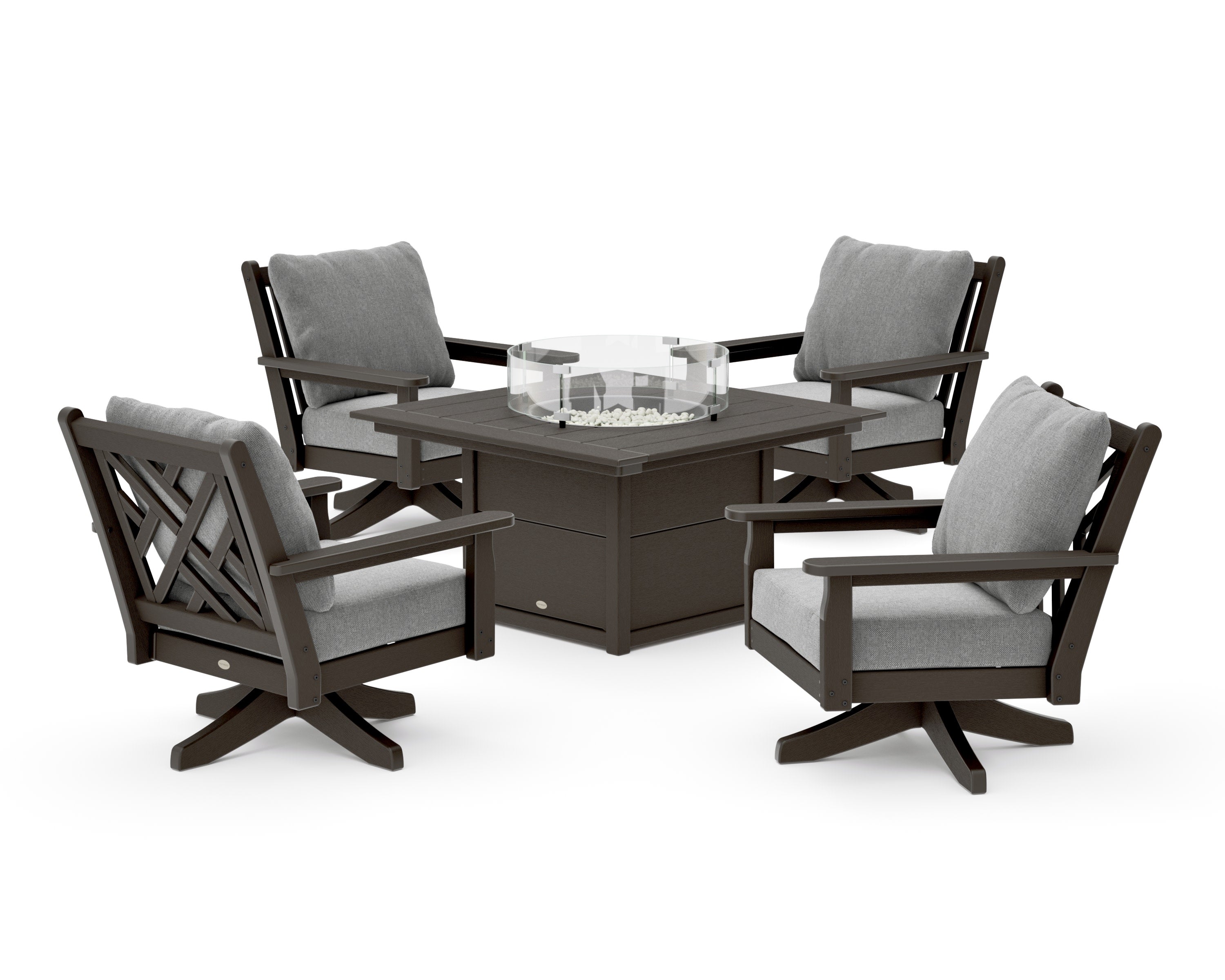 Chippendale 5-Piece Deep Seating Swivel Conversation Set with Fire Pit Table in Vintage Coffee / Grey Mist