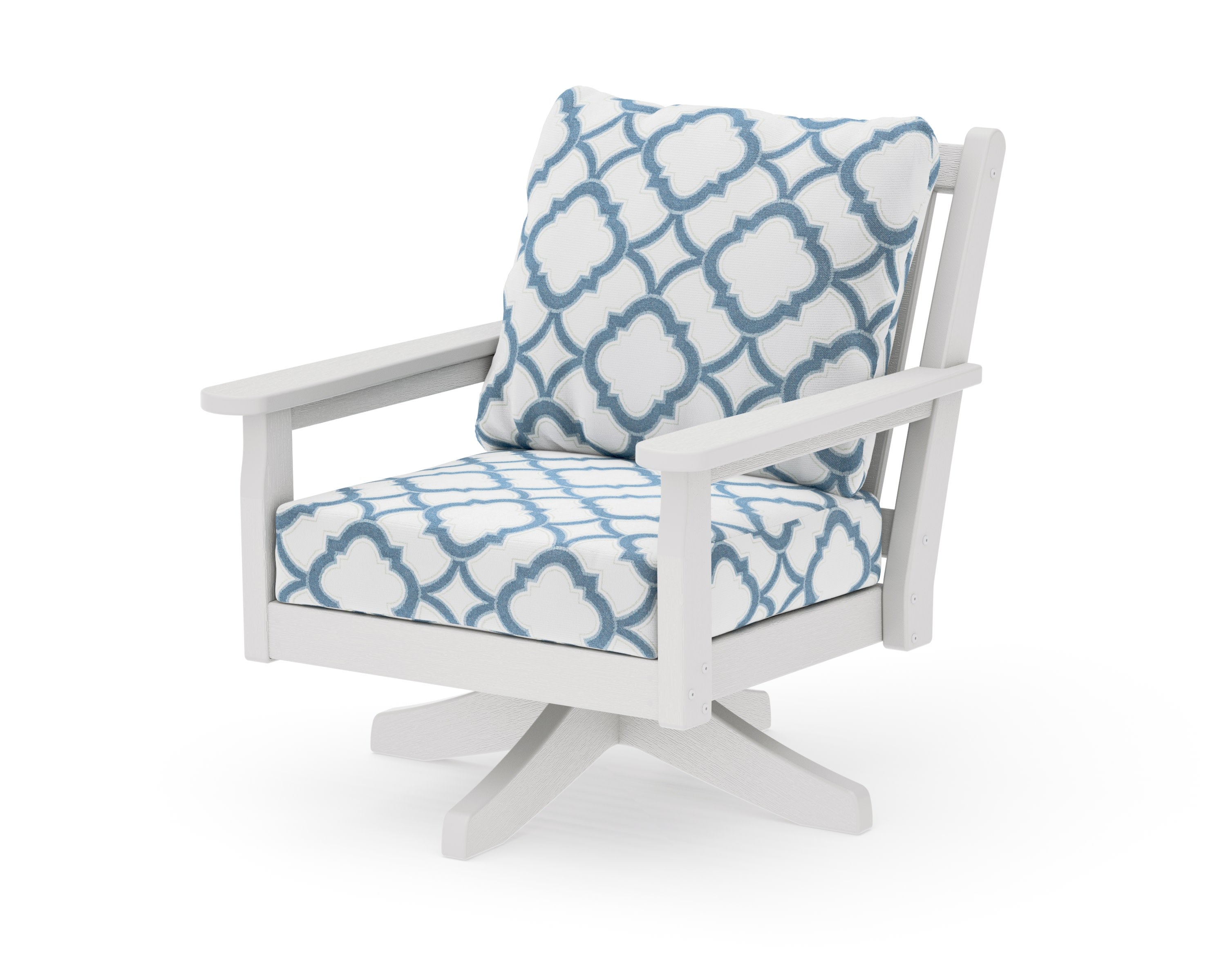 Chippendale Deep Seating Swivel Chair in Vintage White / Trellis Sky Blue