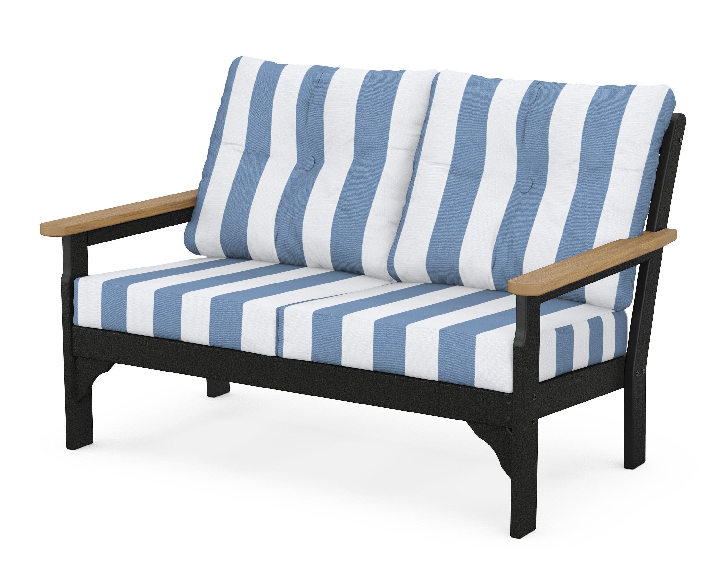 Vineyard Deep Seating Loveseat in Black / Natural / Cabana Stripe Sky Blue