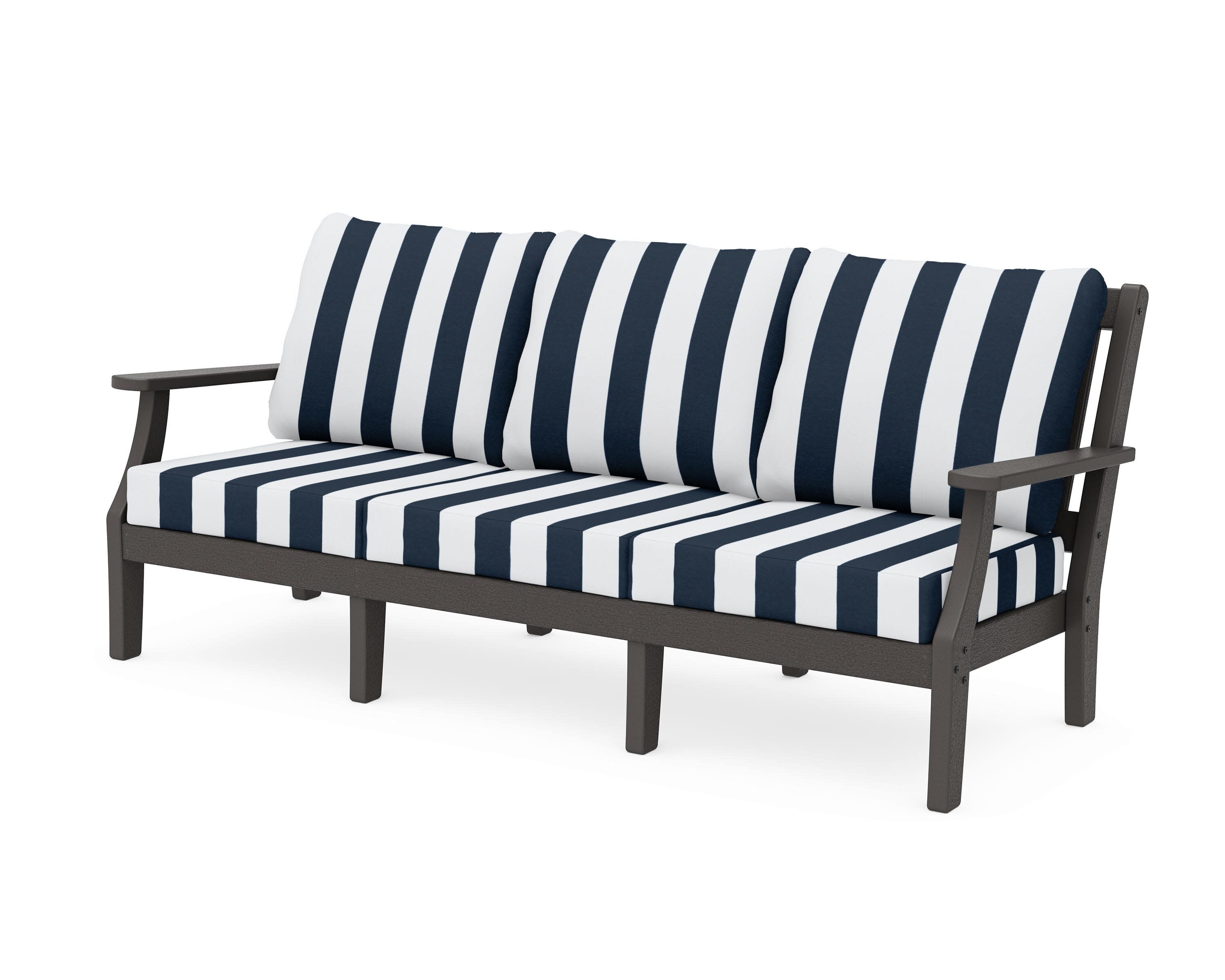 Chinoiserie Deep Seating Sofa in Vintage Coffee / Cabana Stripe Marine Indigo