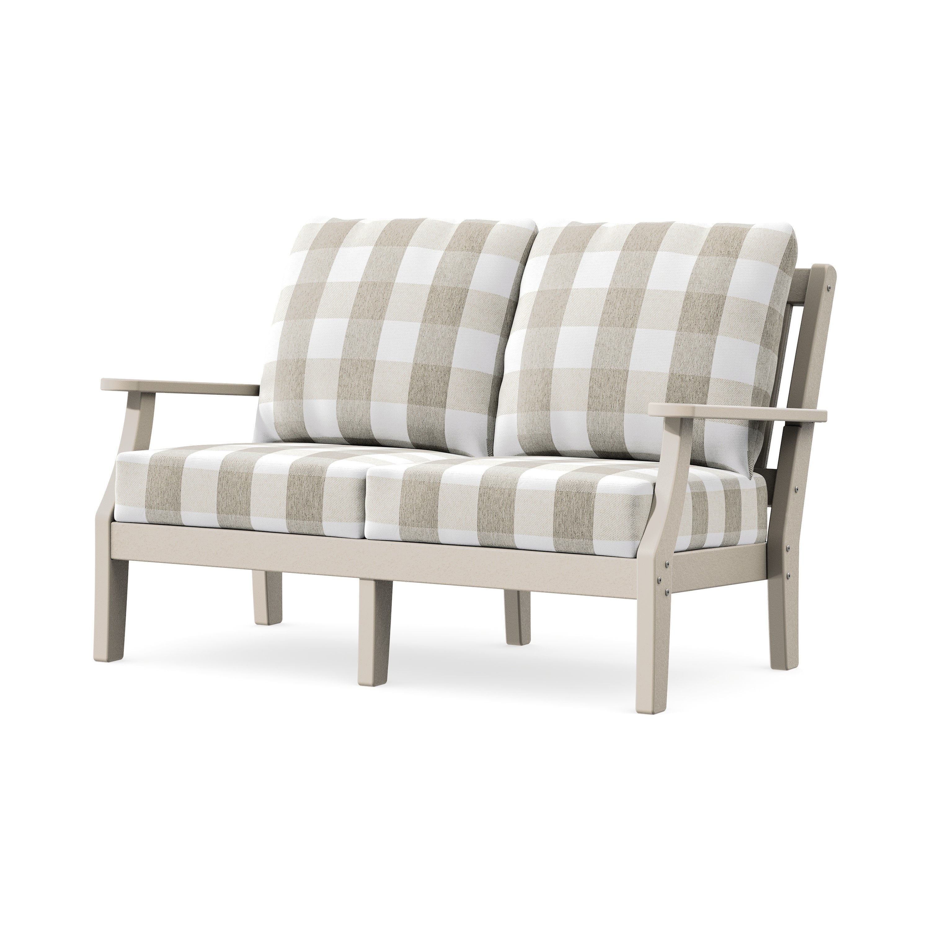 Chinoiserie Deep Seating Loveseat in Sand / Buffalo Plaid Dune Burlap