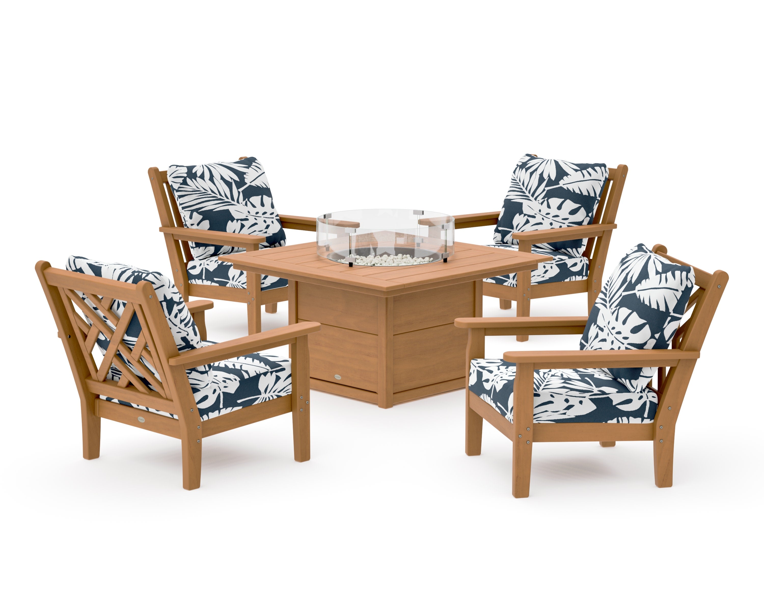 Chippendale 5-Piece Deep Seating Set with Fire Pit Table in Natural / Leaf Marine Indigo
