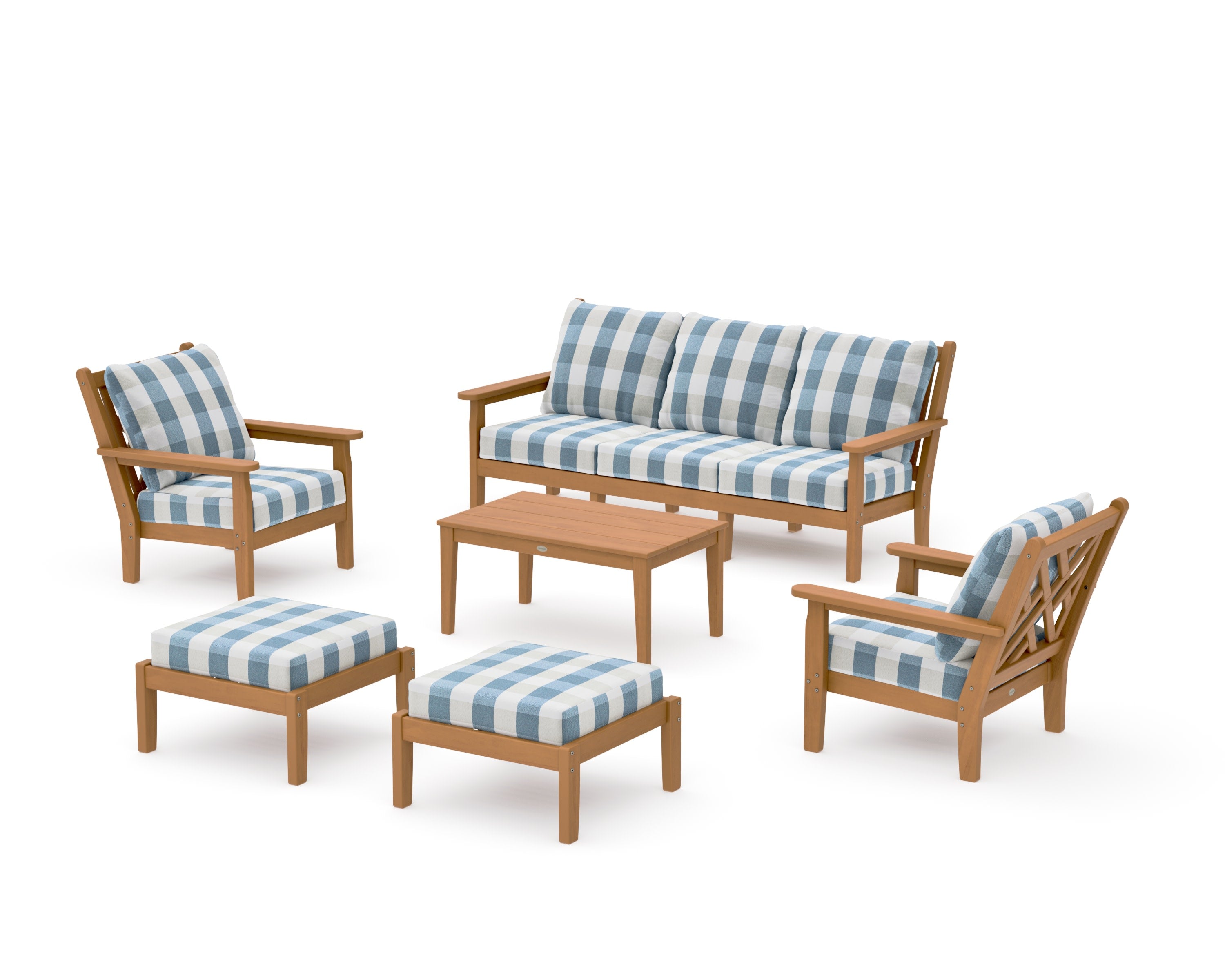 Chippendale 6-Piece Lounge Sofa Set in Natural / Buffalo Plaid Sky Blue