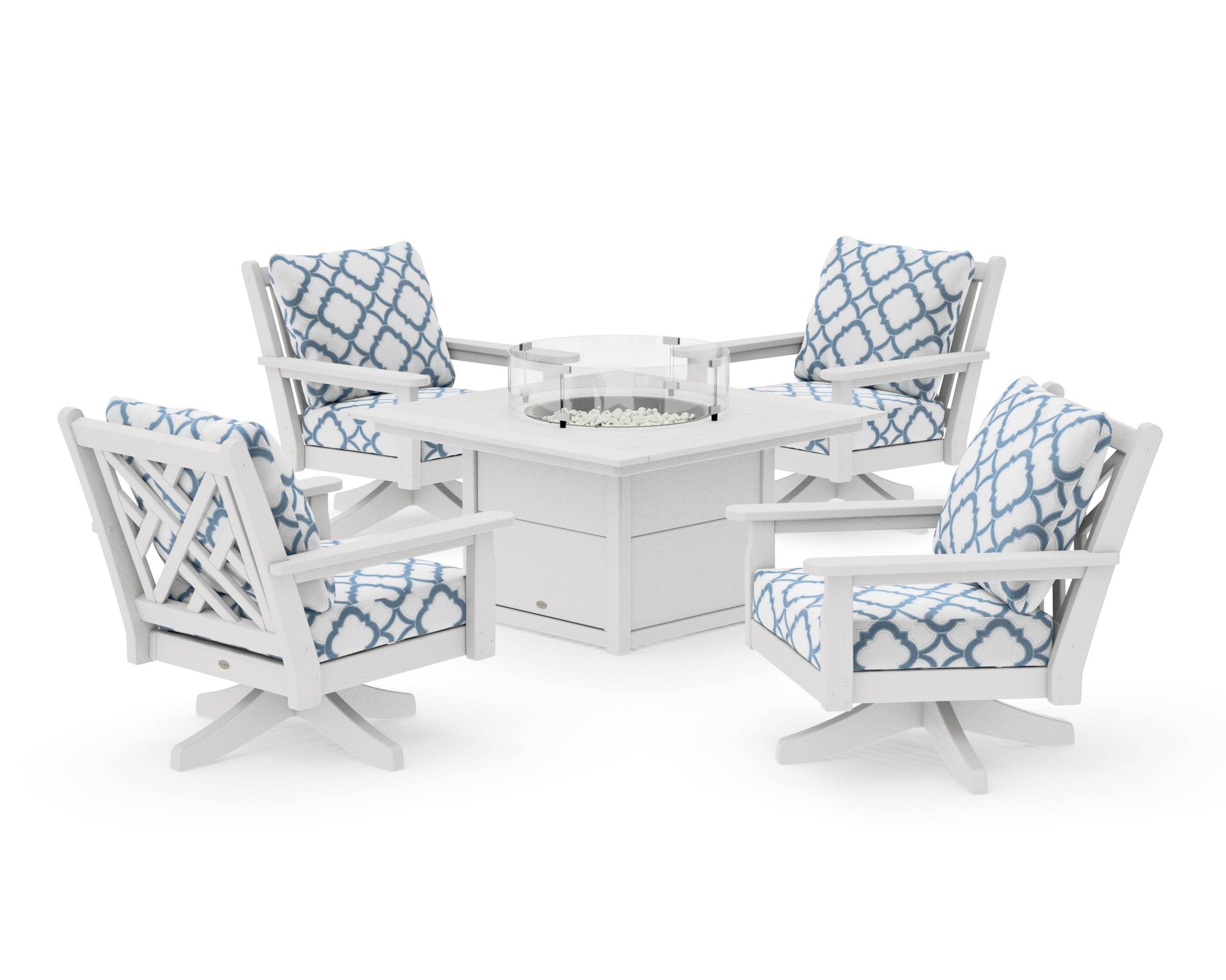 Chippendale 5-Piece Deep Seating Swivel Conversation Set with Fire Pit Table in Vintage White / Trellis Sky Blue